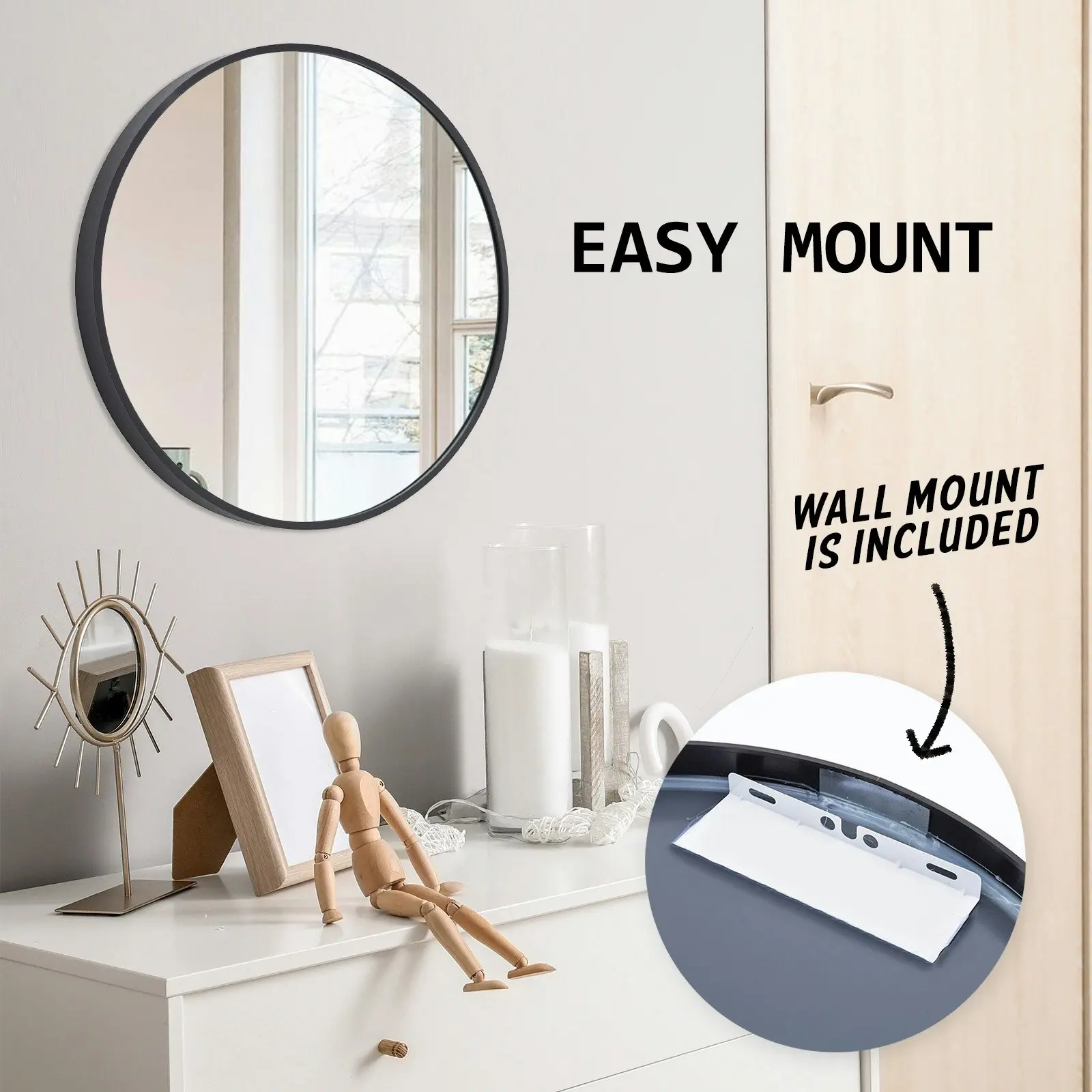 60cm Wall Mirror Round Bathroom - BLACK