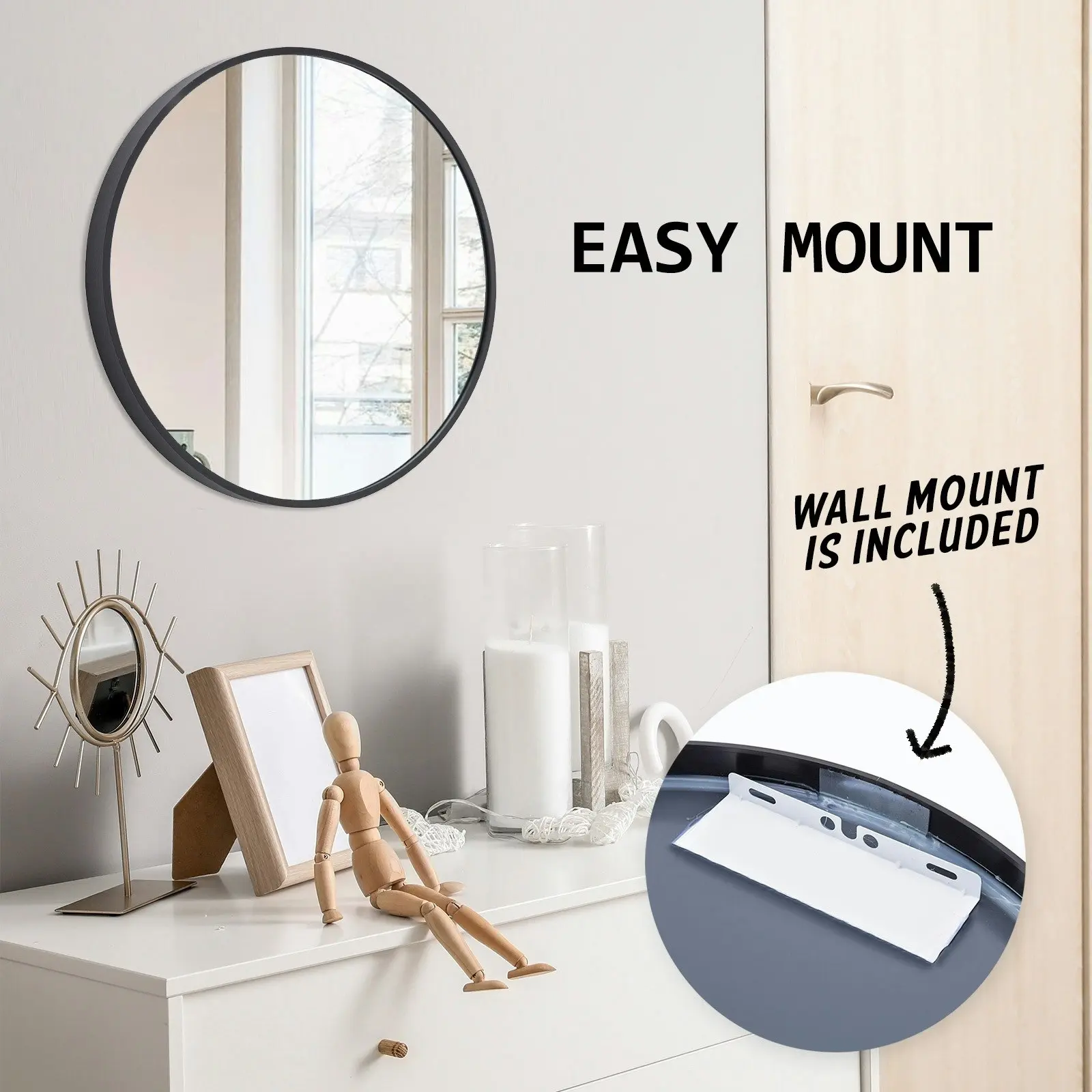 50cm Wall Mirror Round Bathroom - BLACK