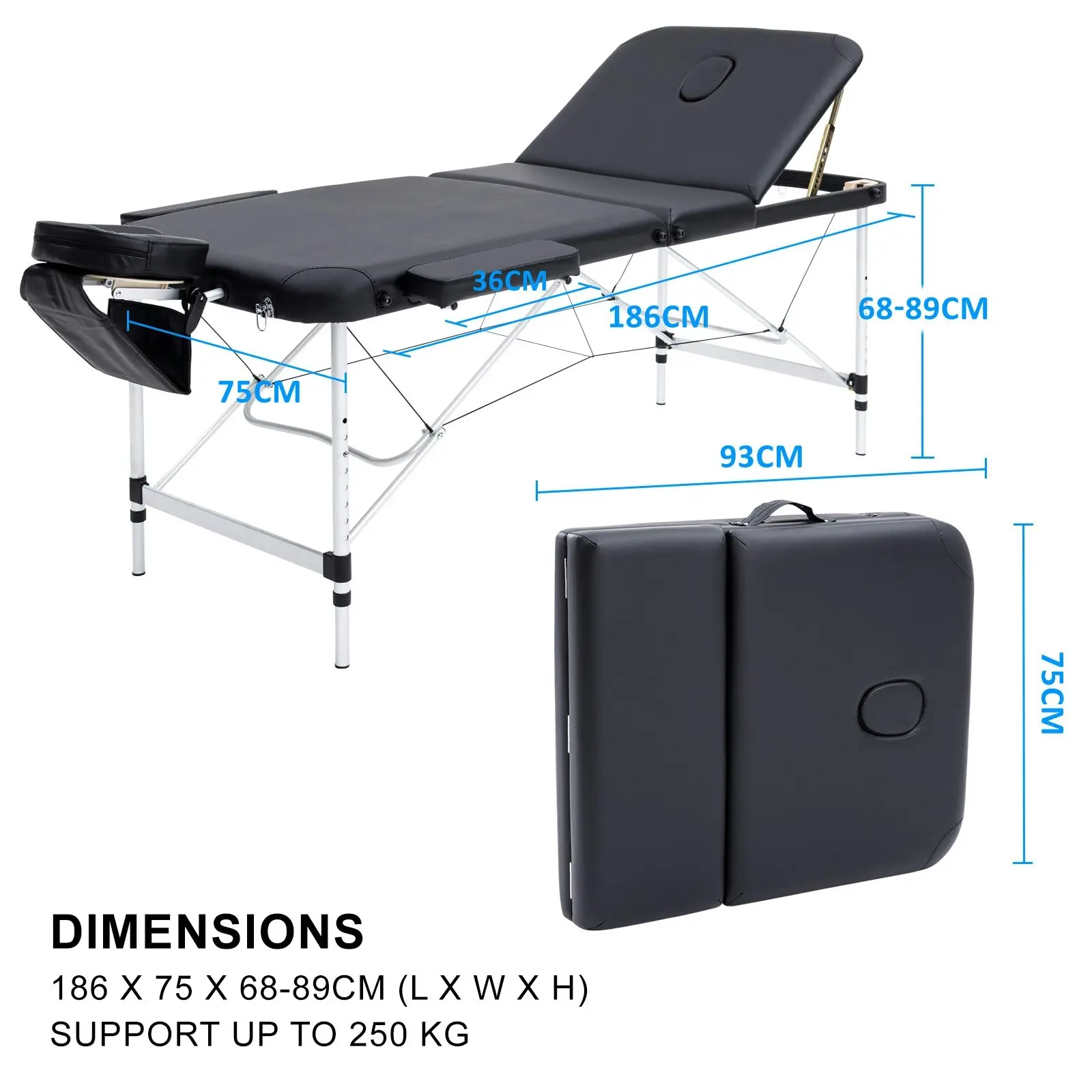 75cm Aluminium Portable Massage Table - BLACK