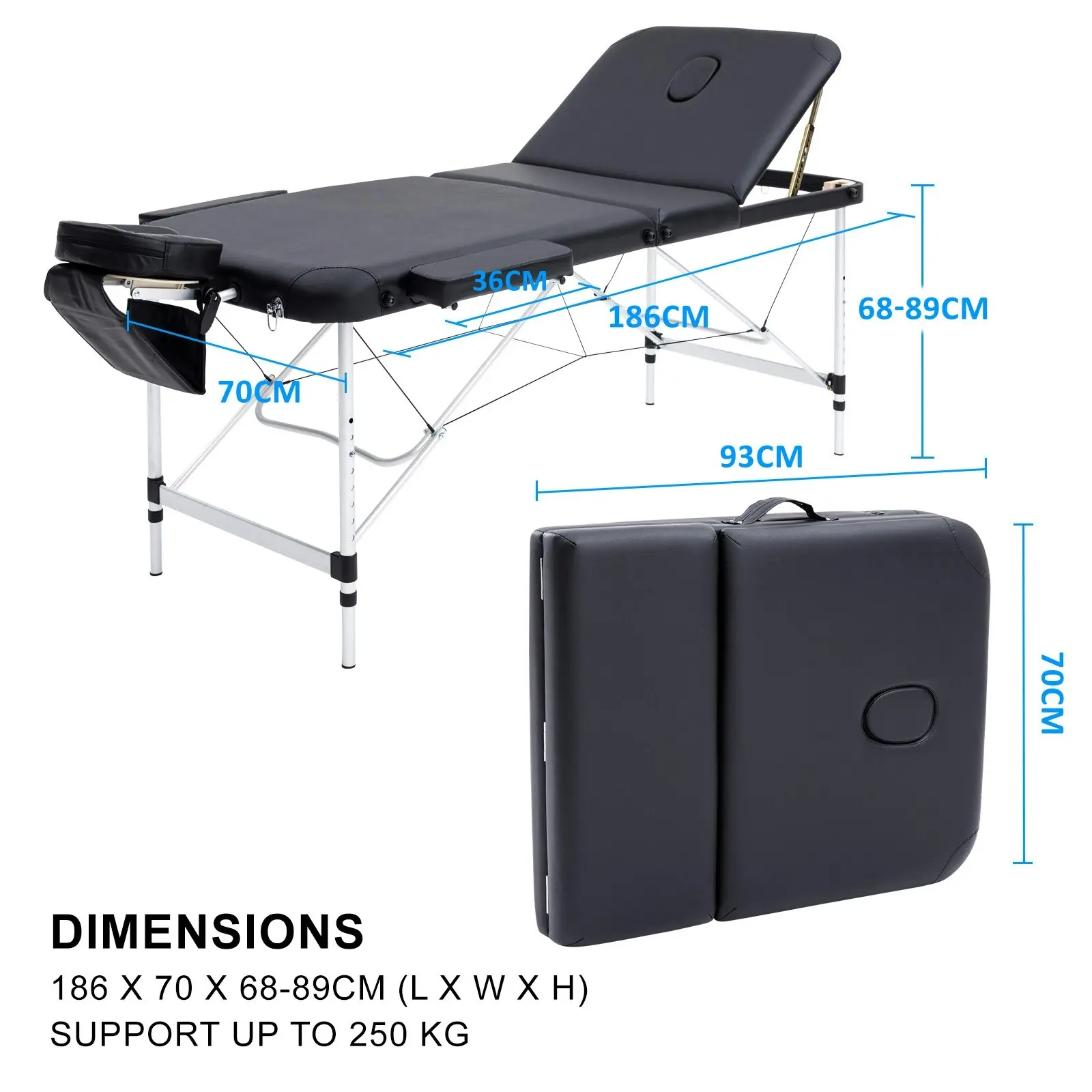 70cm Aluminium Portable Massage Table - BLACK