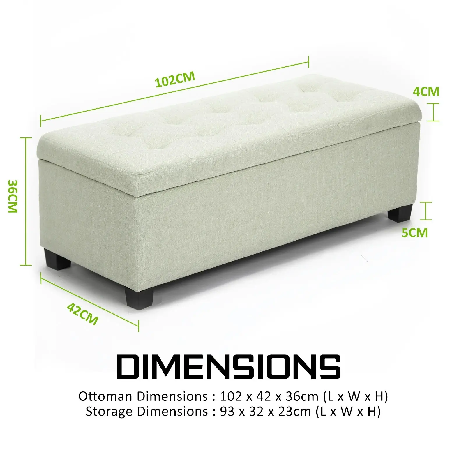 102cm Storage Ottoman Fabric - LIGHT GREEN