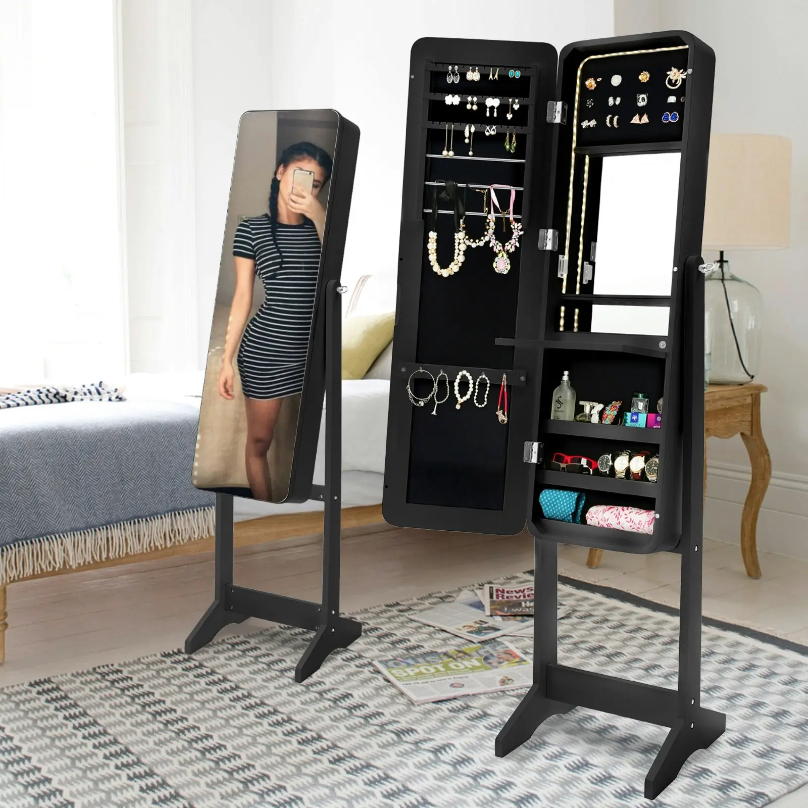 146cm Mirror Jewellery Cabinet LED FLASHY - Black