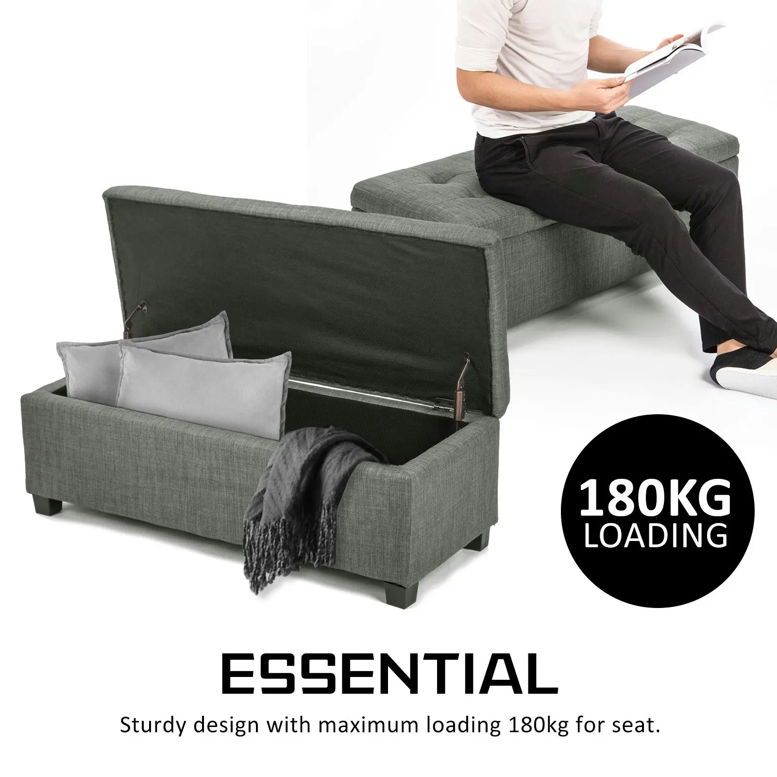 102cm Storage Ottoman Fabric - DARK GREY