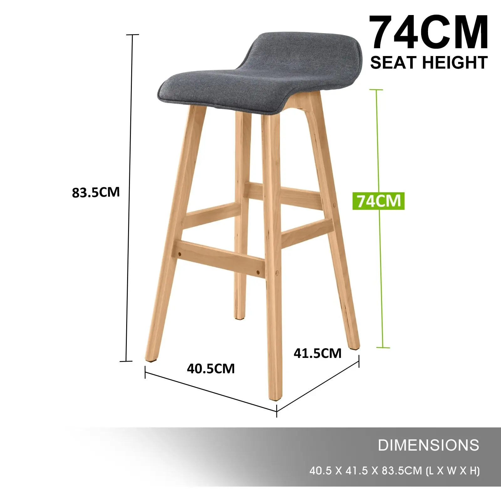 2X 74cm Wood Bar Stool Fabric SOPHIA - GREY