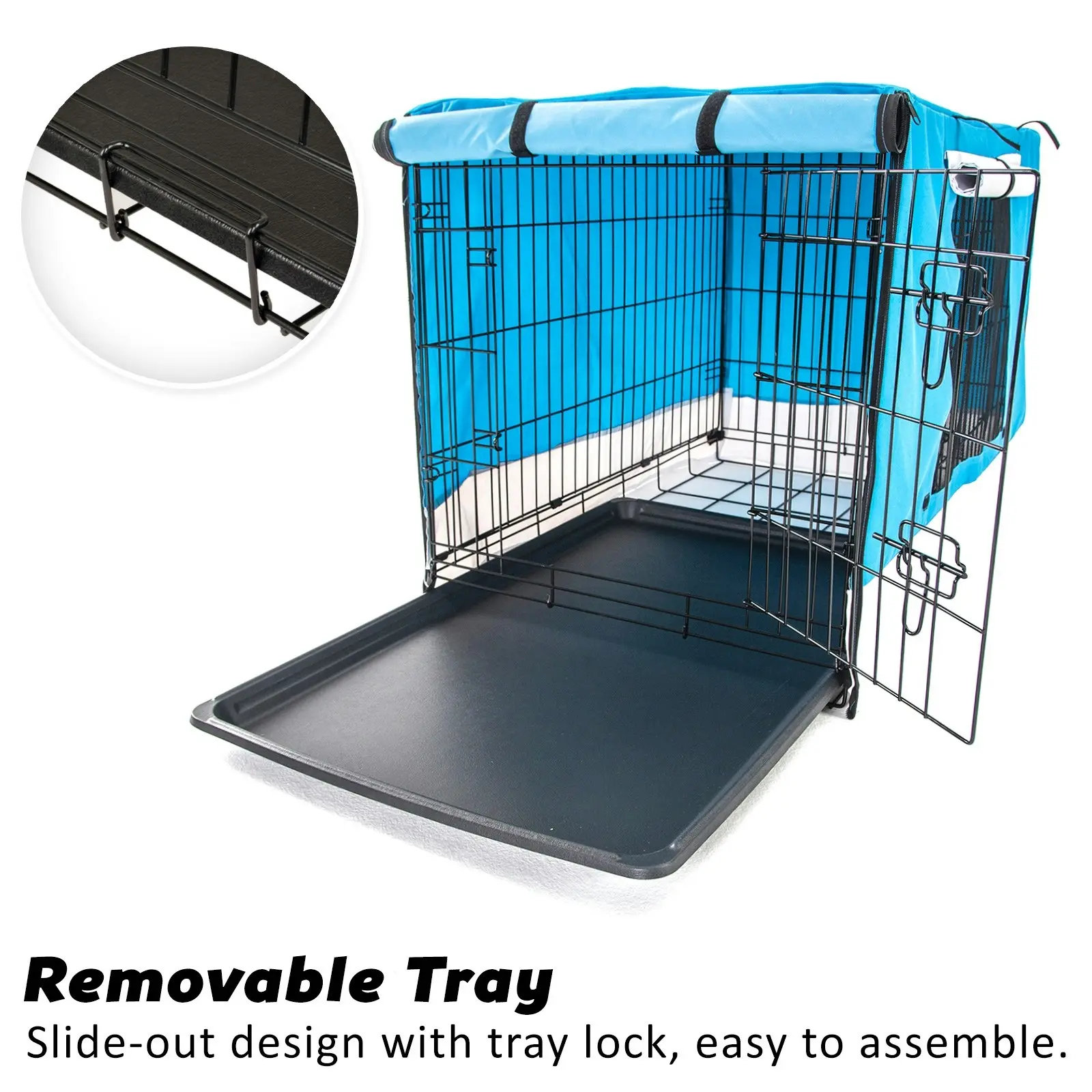 24in Foldable Wire Dog Cage with Tray + Cushion Mat + BLUE Cover