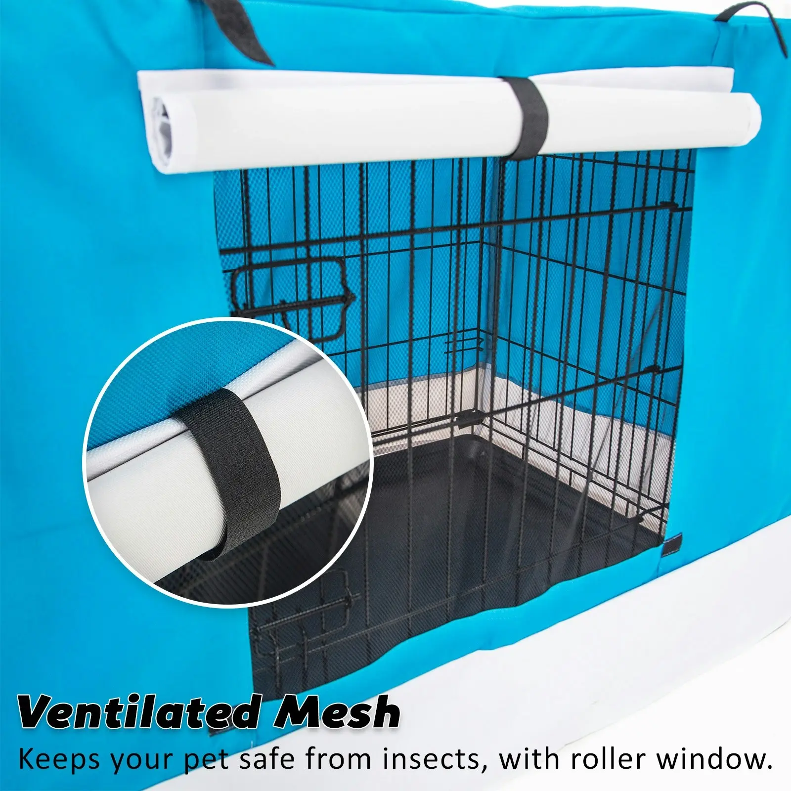 24in Foldable Wire Dog Cage with Tray + Cushion Mat + BLUE Cover