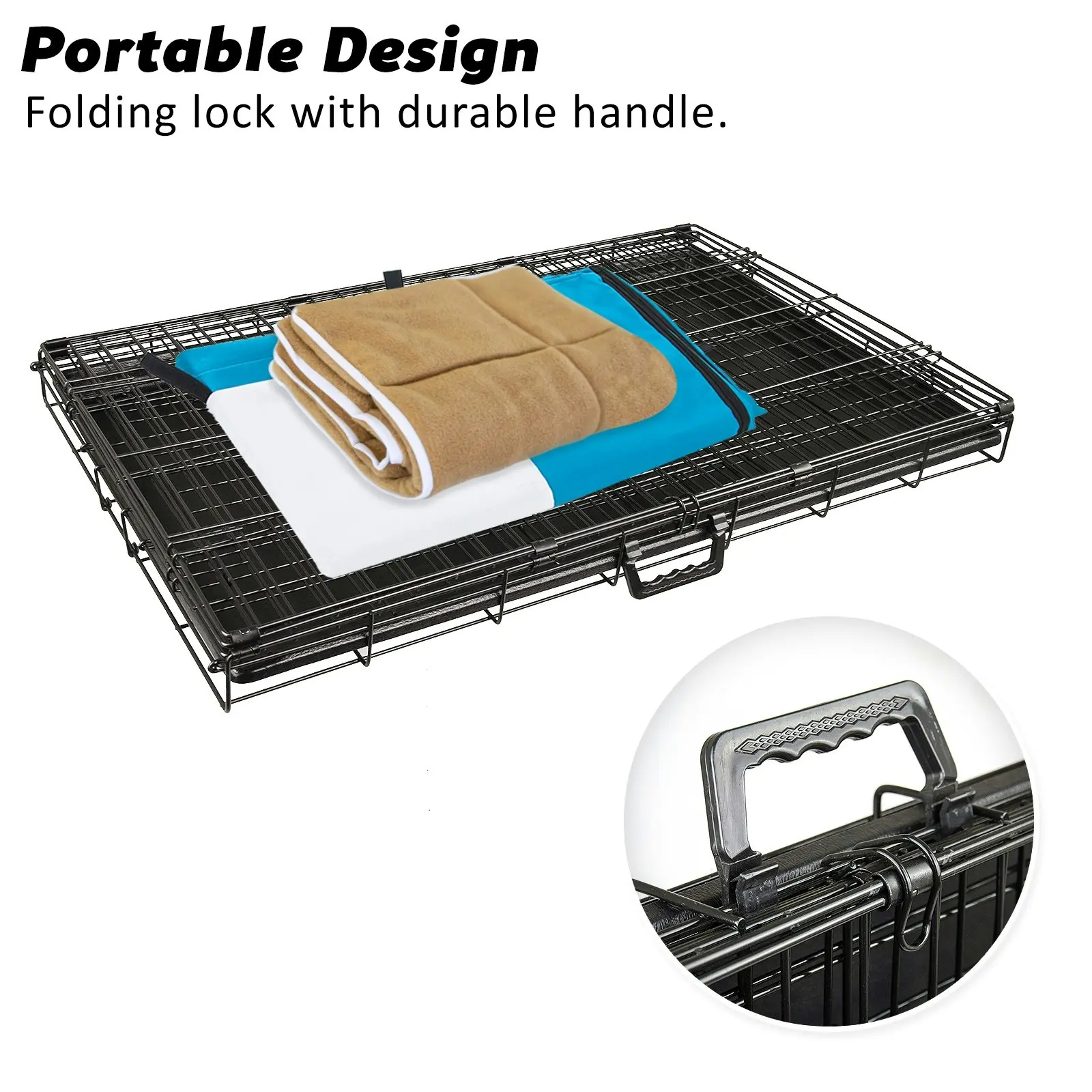 24in Foldable Wire Dog Cage with Tray + Cushion Mat + BLUE Cover