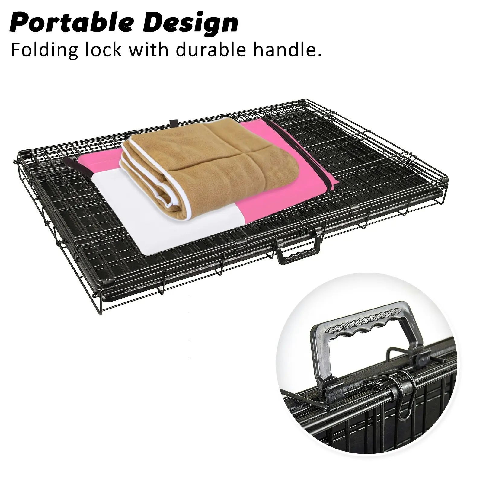 24in Foldable Wire Dog Cage with Tray + Cushion Mat + PINK Cover