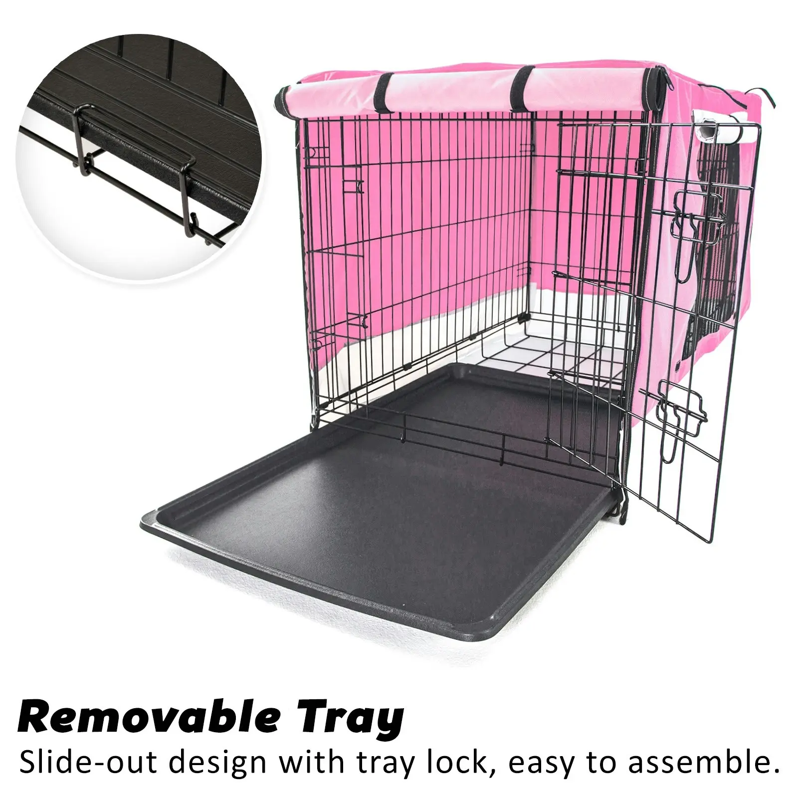 24in Foldable Wire Dog Cage with Tray + Cushion Mat + PINK Cover