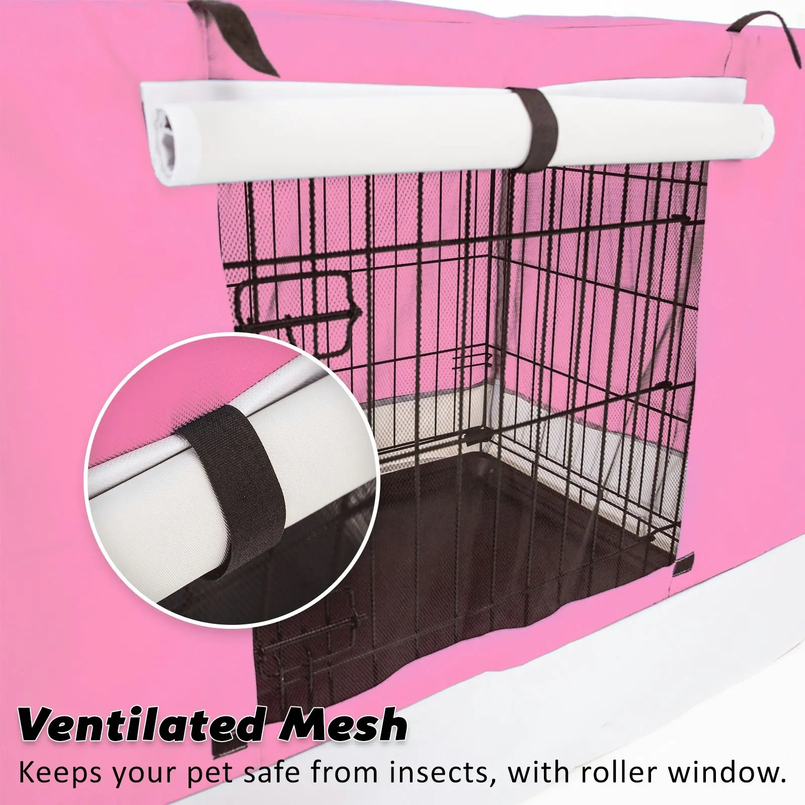 24in Foldable Wire Dog Cage with Tray + Cushion Mat + PINK Cover