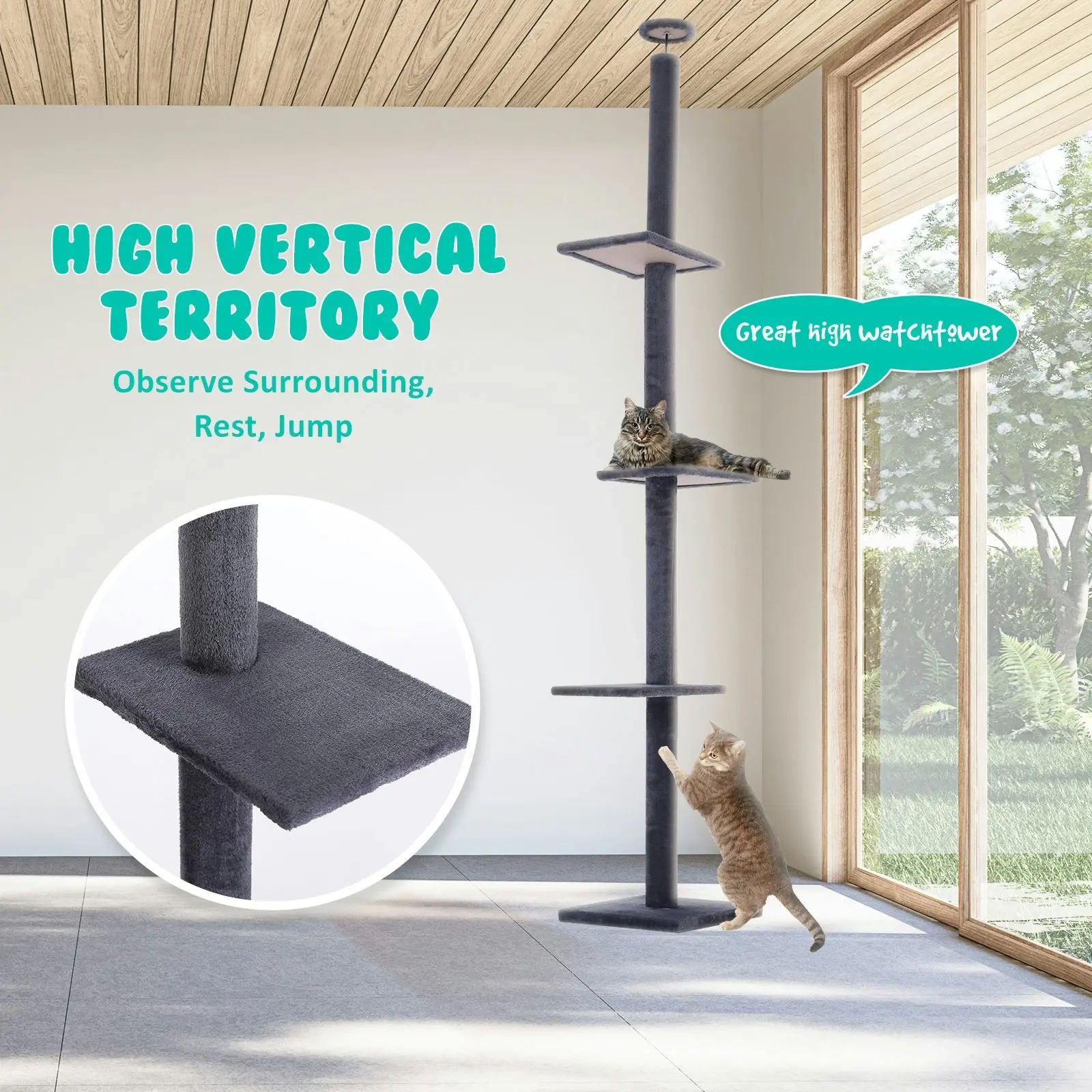 278cm Cat Tree Scratcher Floor to Ceiling PILLAR - GREY