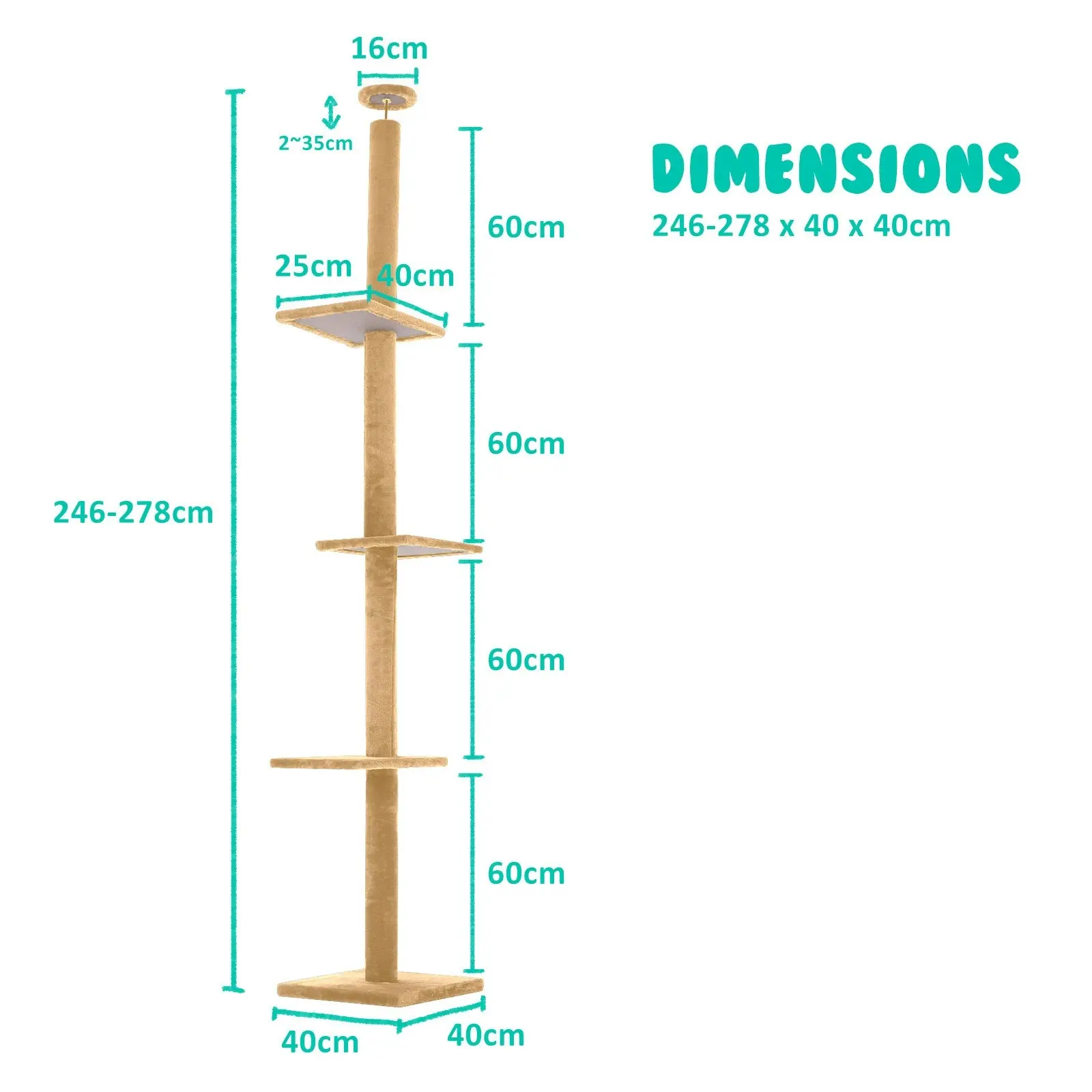 278cm Cat Tree Scratcher Floor to Ceiling PILLAR - BROWN