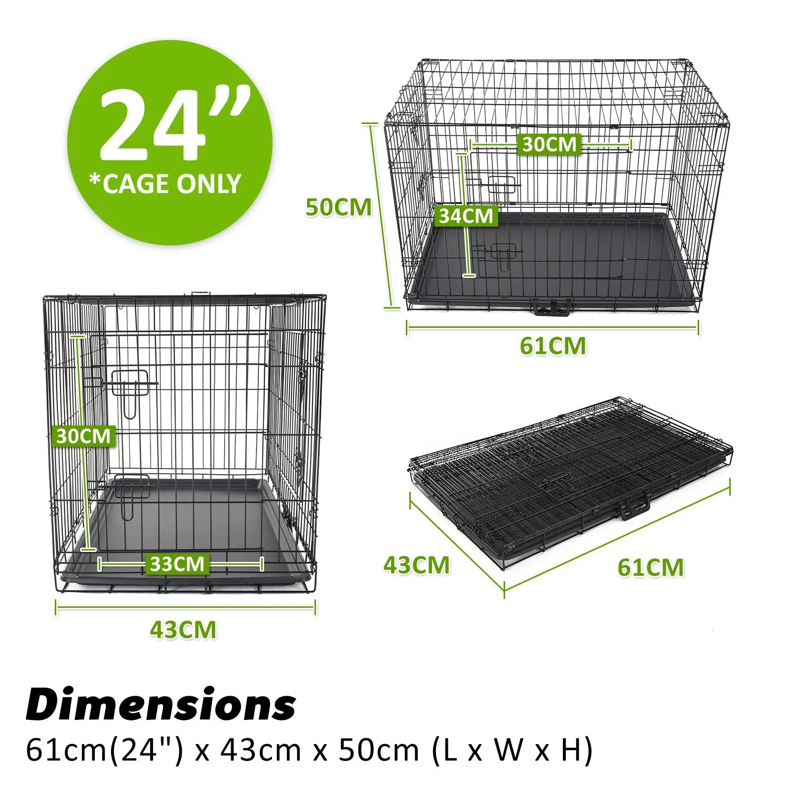 24in Foldable Wire Dog Cage with Tray + Cushion Mat