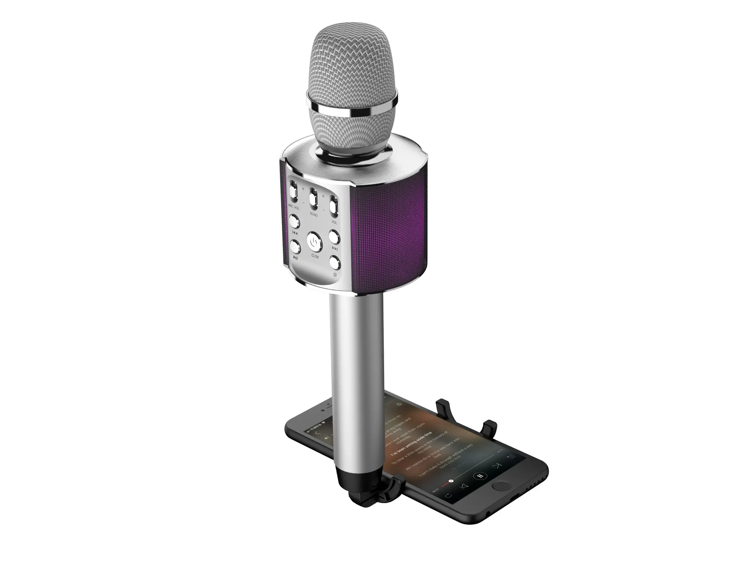 Laser Bluetooth Karaoke Microphone with Built-in Speaker and LED Lights - Silver