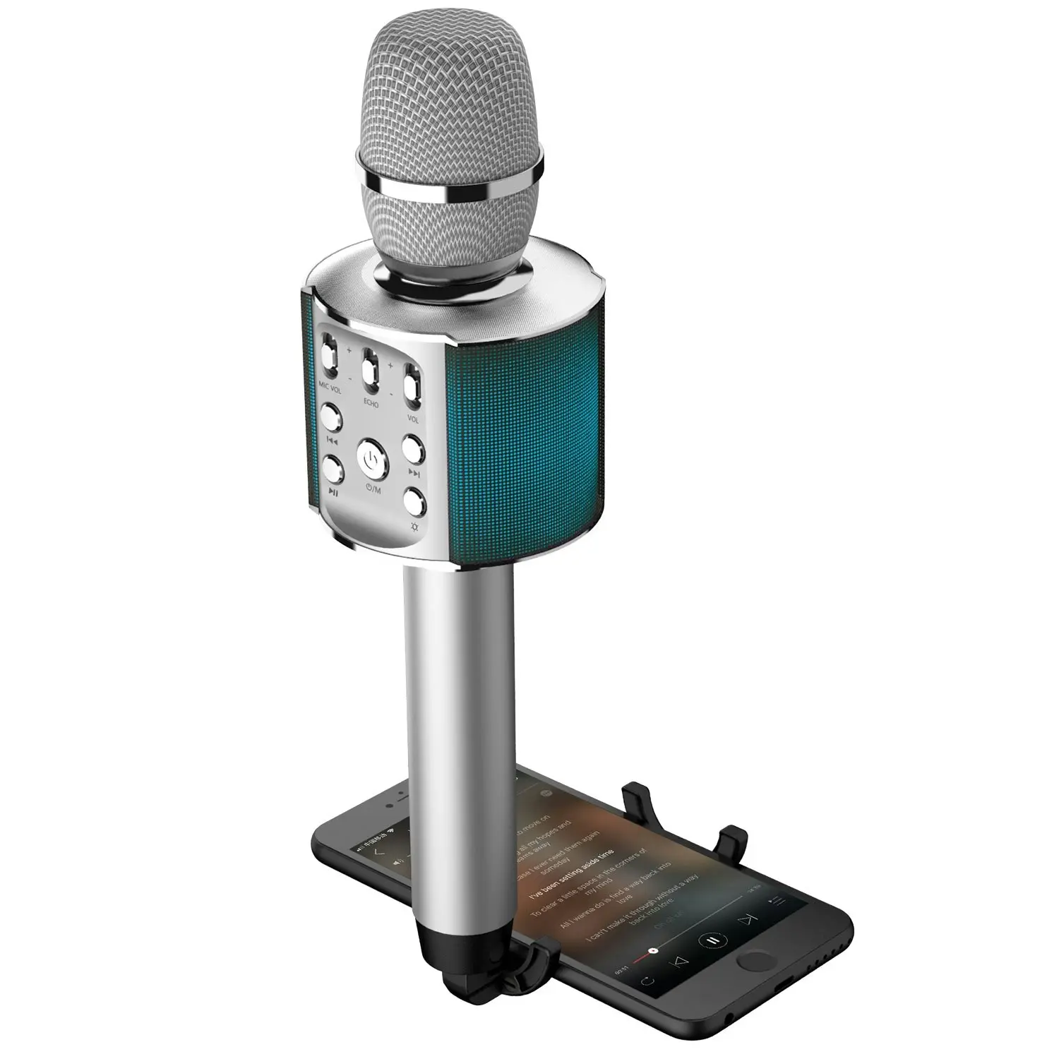 Laser Bluetooth Karaoke Microphone with Built-in Speaker and LED Lights - Silver