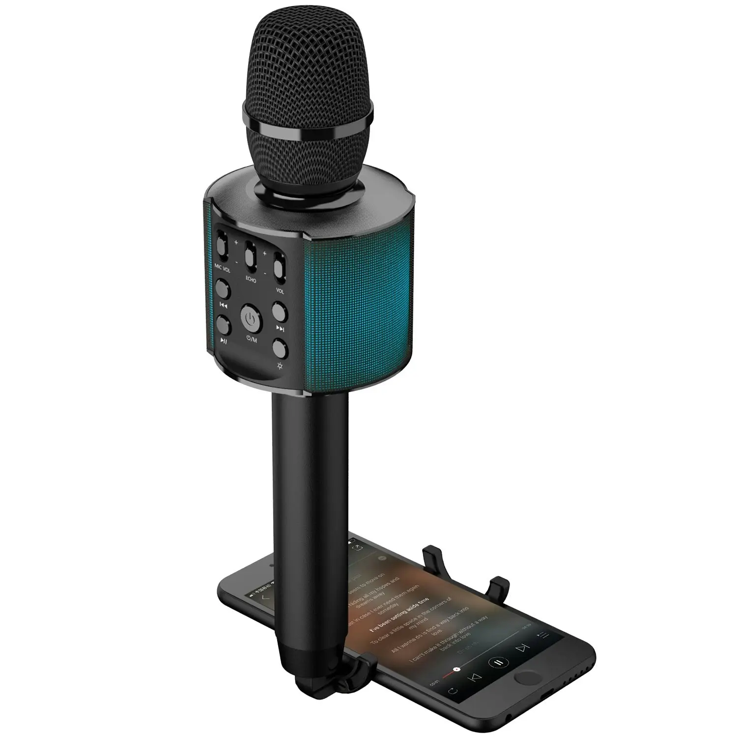 Laser Bluetooth Karaoke Microphone with Built-in Speaker and LED Lights - Black