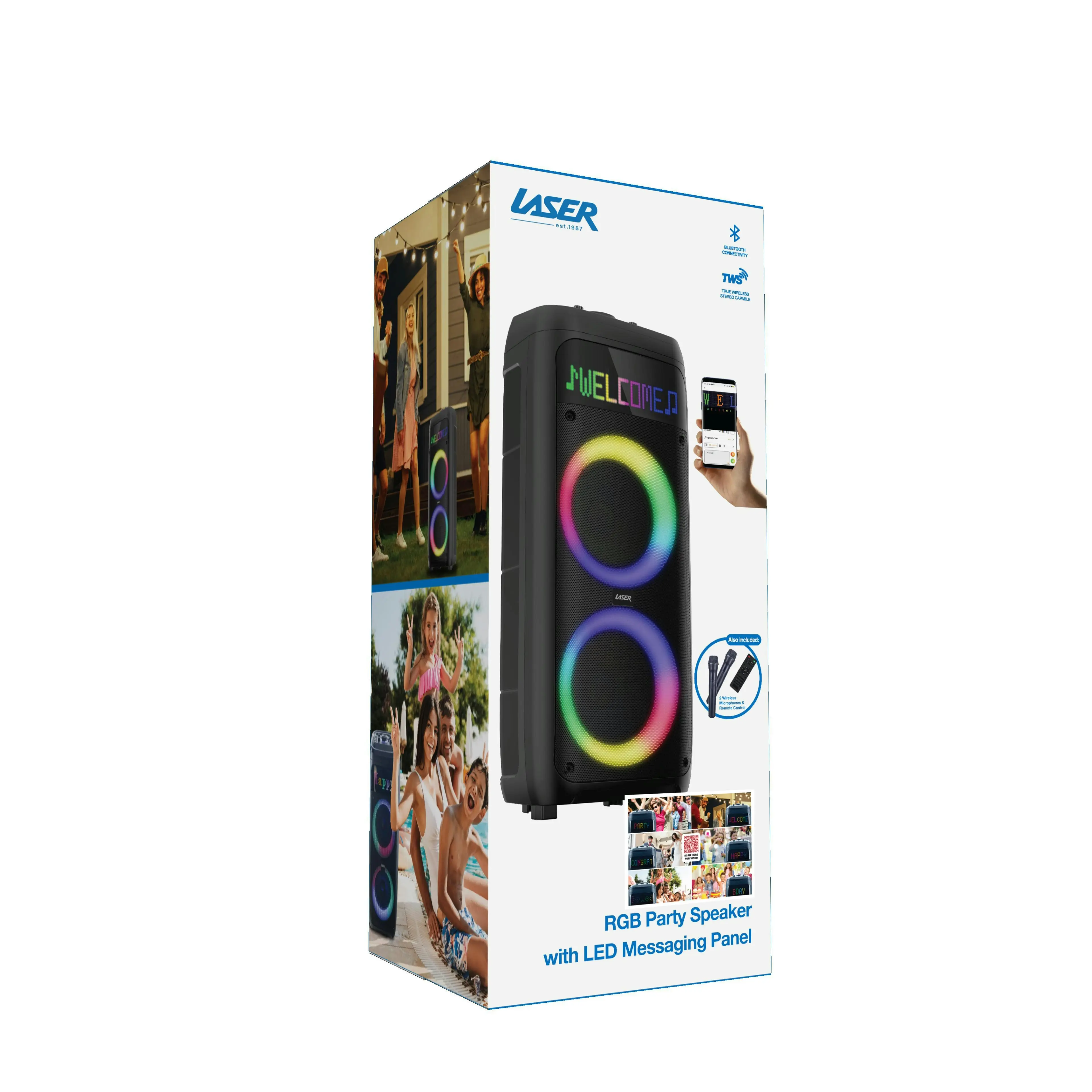 Laser RGB LED Party Speaker w/ Karaoke & Dual Mics, Messaging Panel