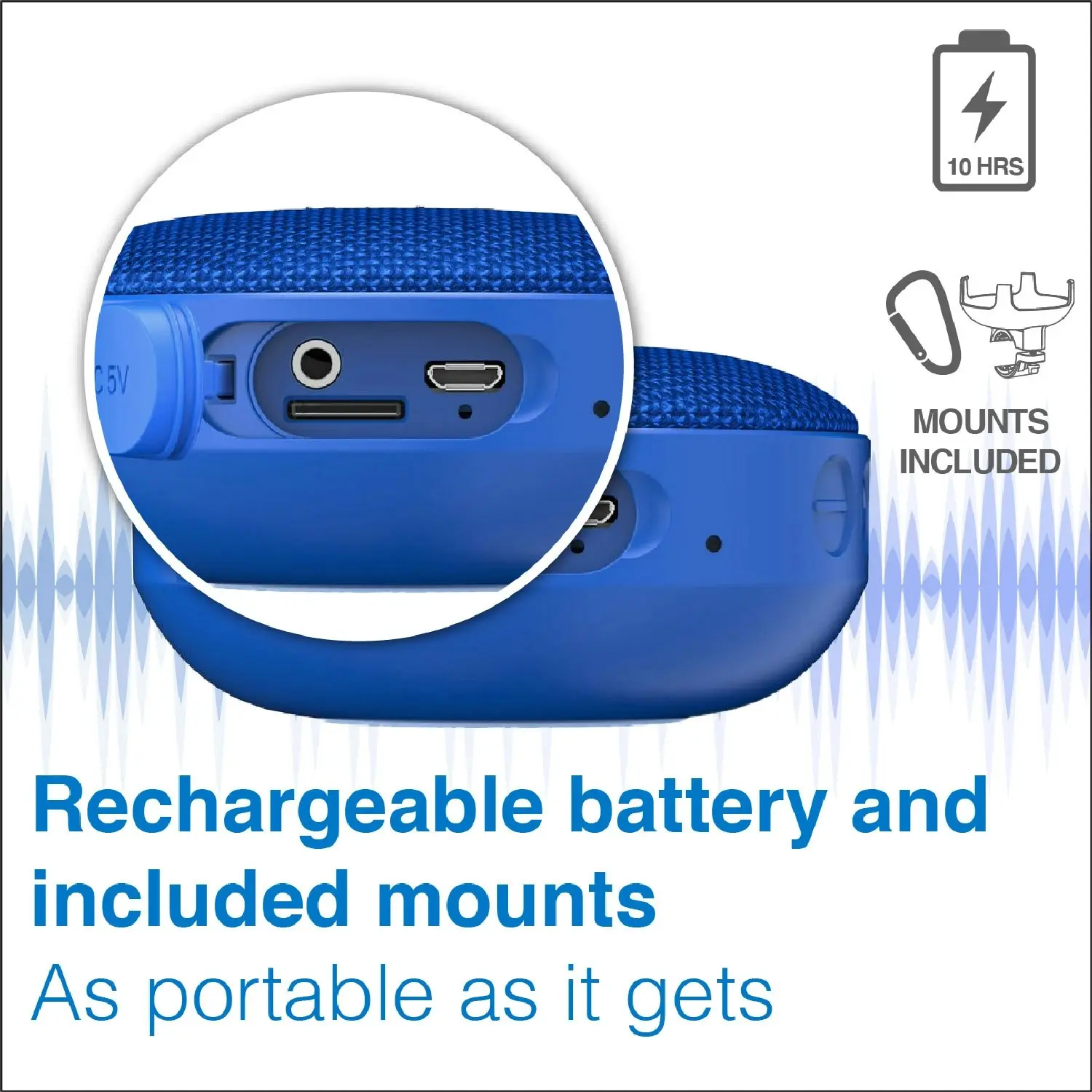 Portable Outdoor Bluetooth Speaker with Bicycle Mount Blue IP66 Rating 10H Batt.