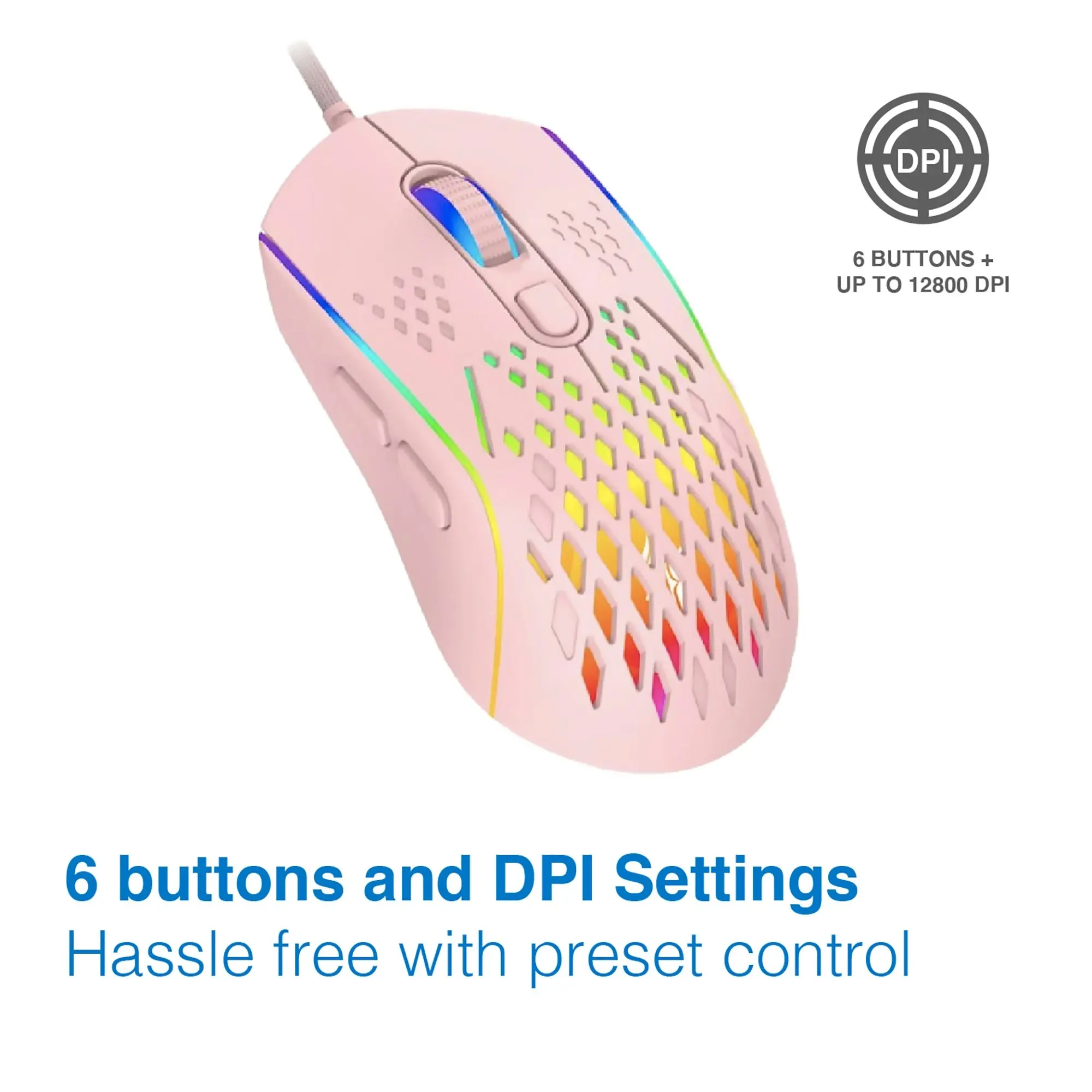 Laser Gaming Mouse USB Wired PC RGB Backlit Ergonomic 6 Buttons 12800 DPI Pink