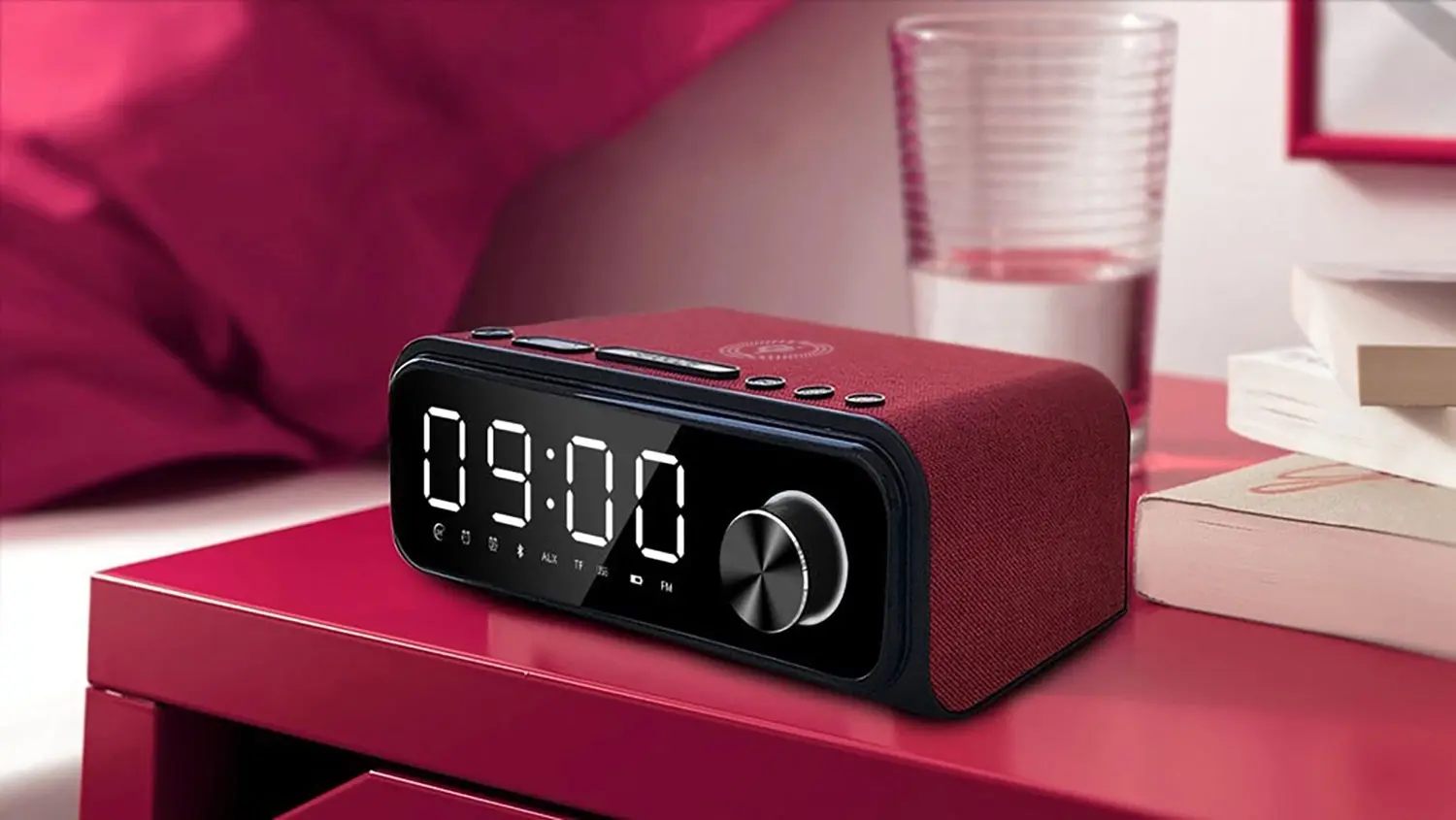 Laser Alarm Clock FM Radio Wireless Charging with Bluetooth Speaker Red