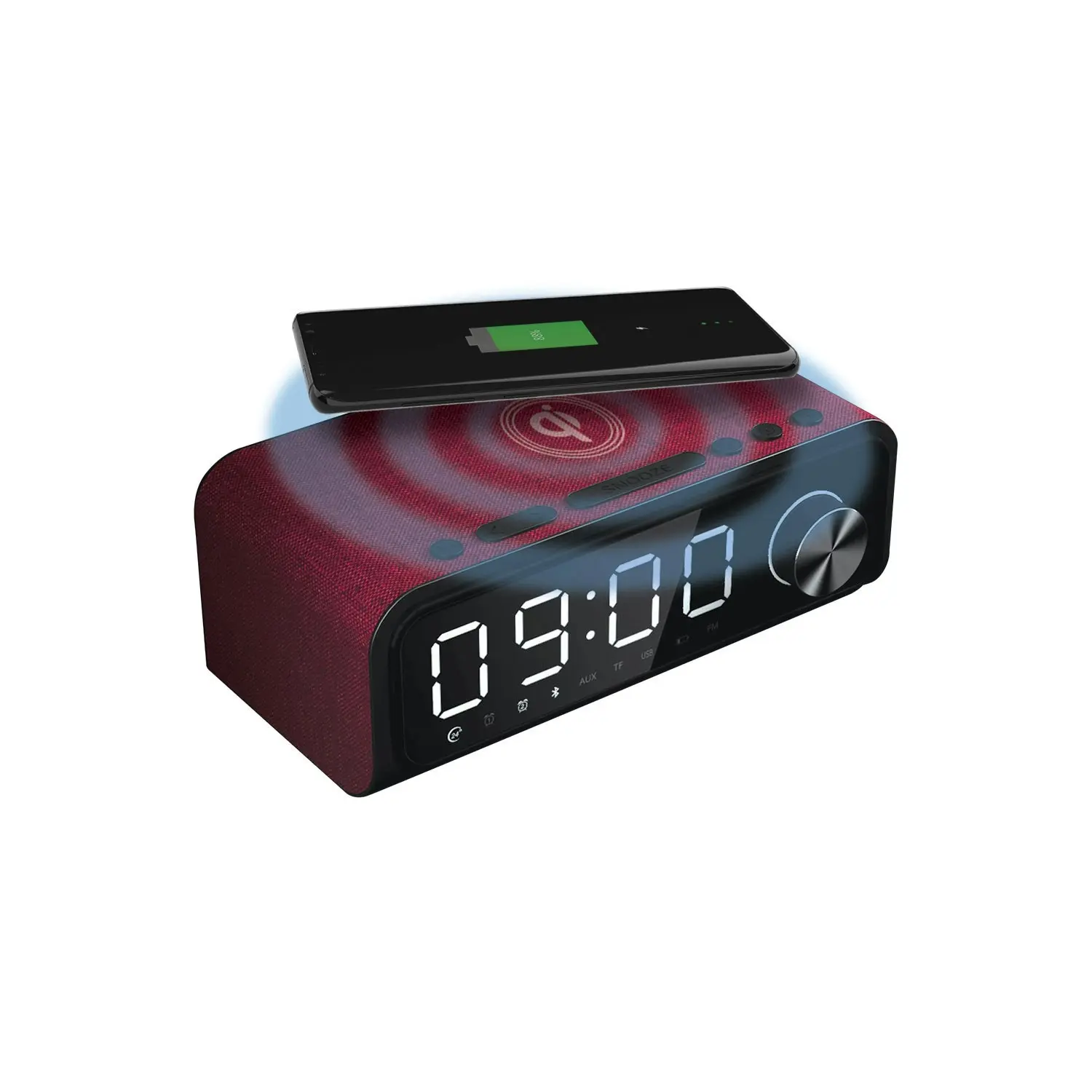 Laser Alarm Clock FM Radio Wireless Charging with Bluetooth Speaker Red