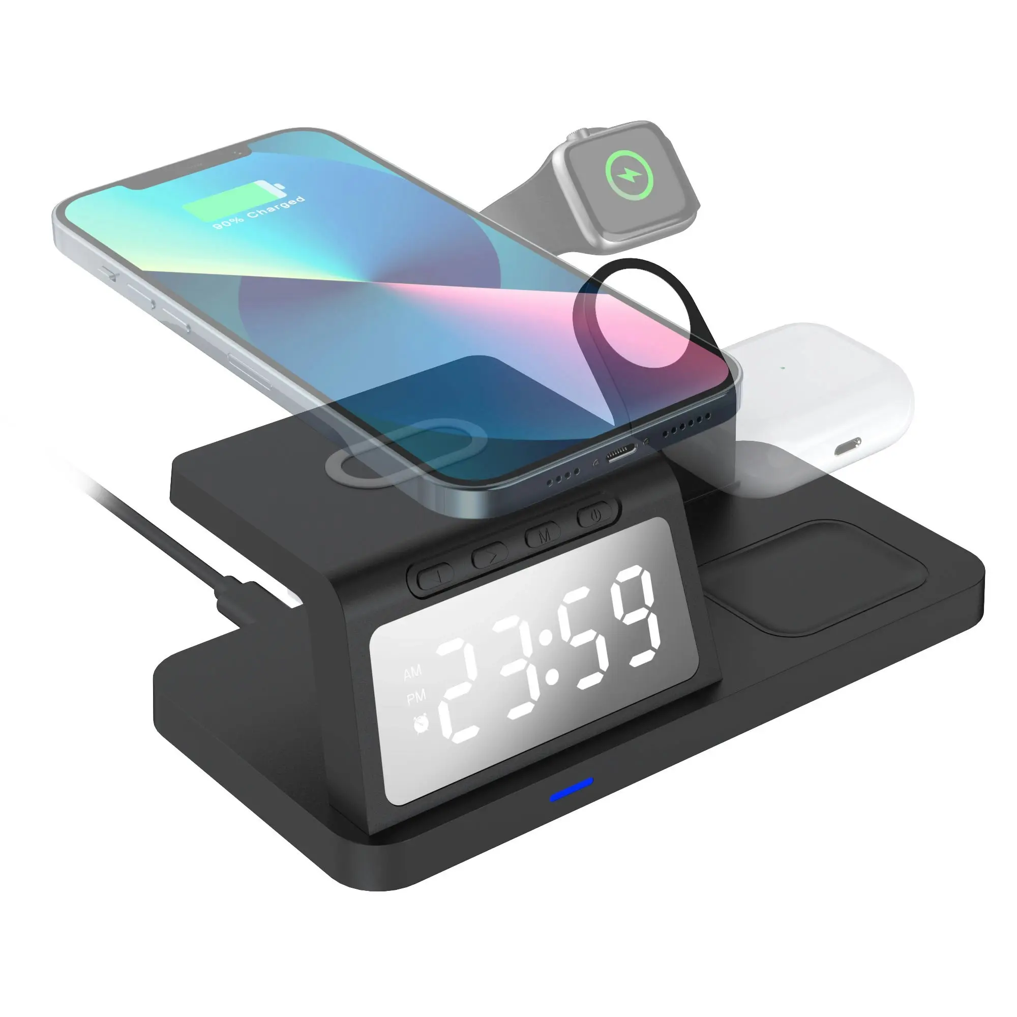 Laser 3-in-1 Wireless Charging Station - Alarm Clock for Smart phone and Watch