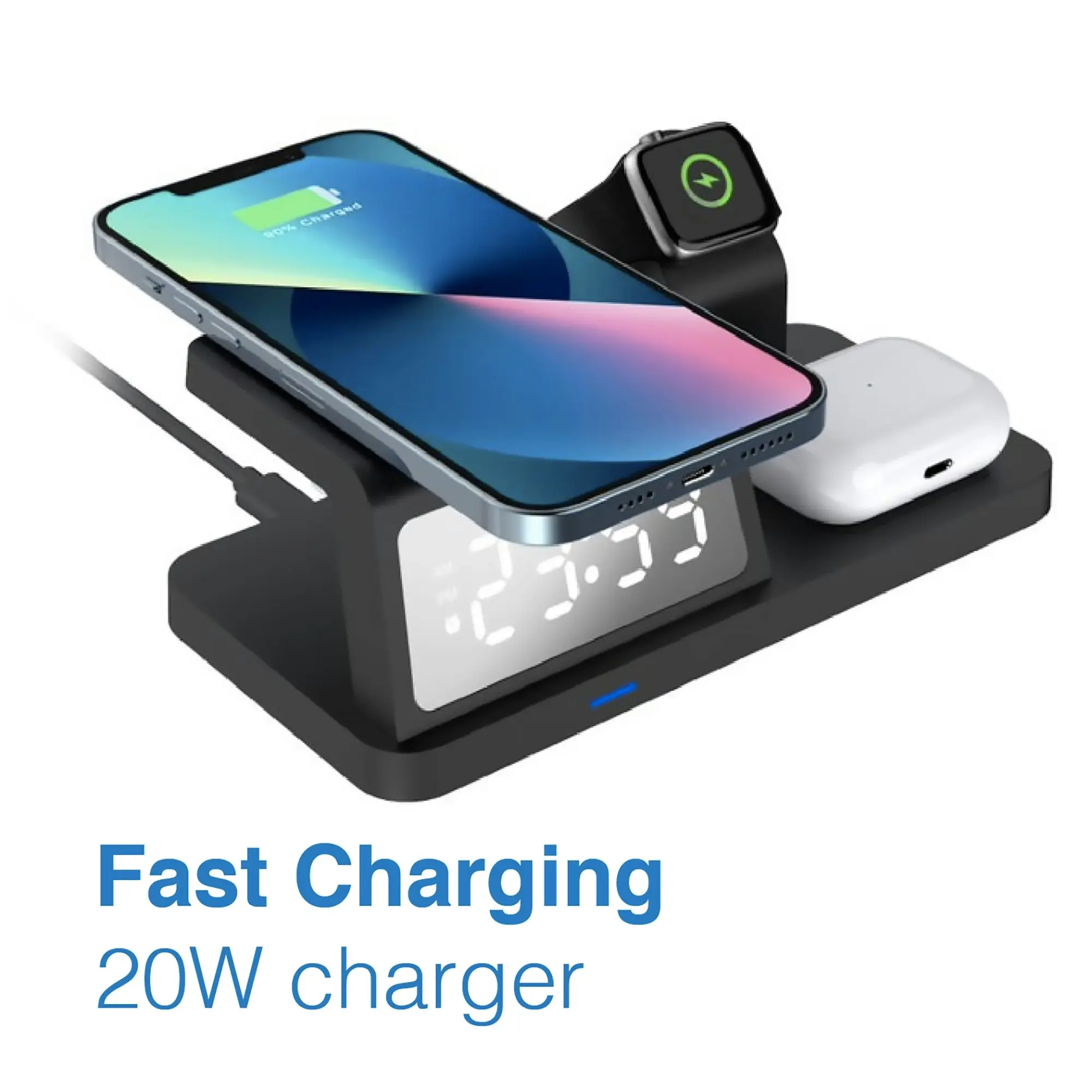 Laser 3-in-1 Wireless Charging Station - Alarm Clock for Smart phone and Watch