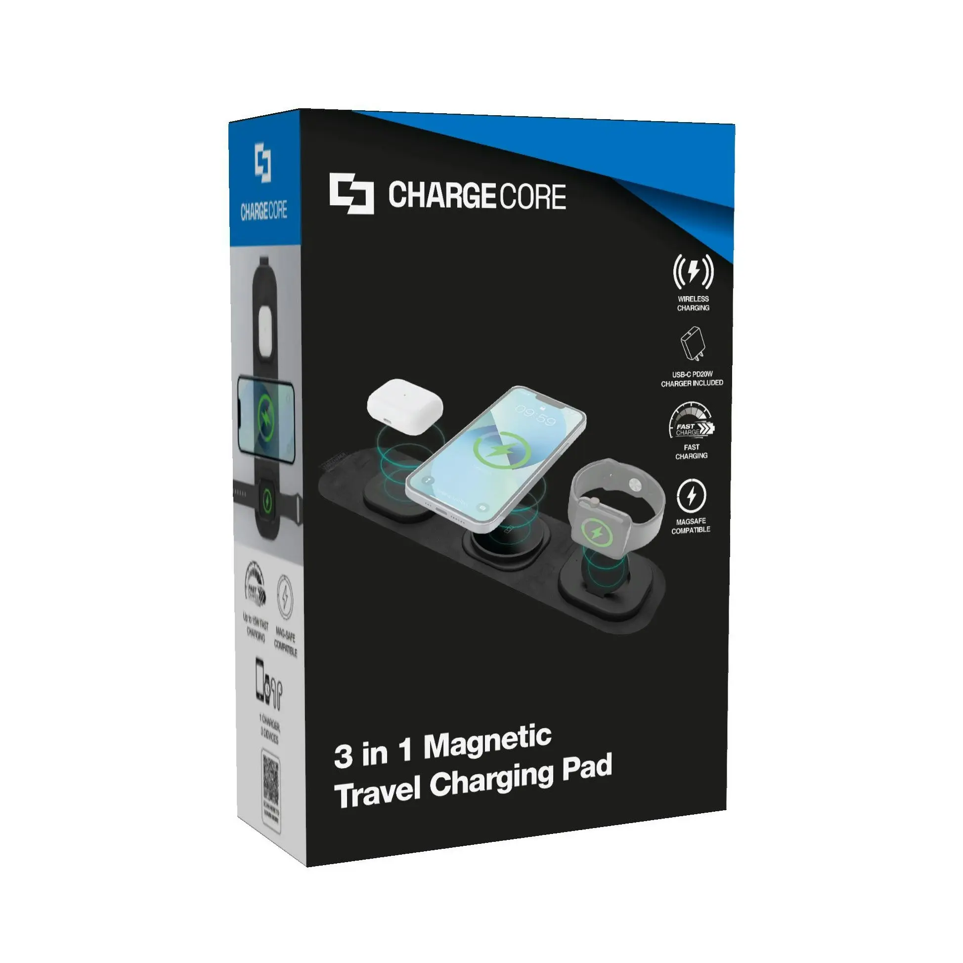 ChargeCore 3 in 1 Folding Travel Charger - Fast Charging Pad with Wall Charger