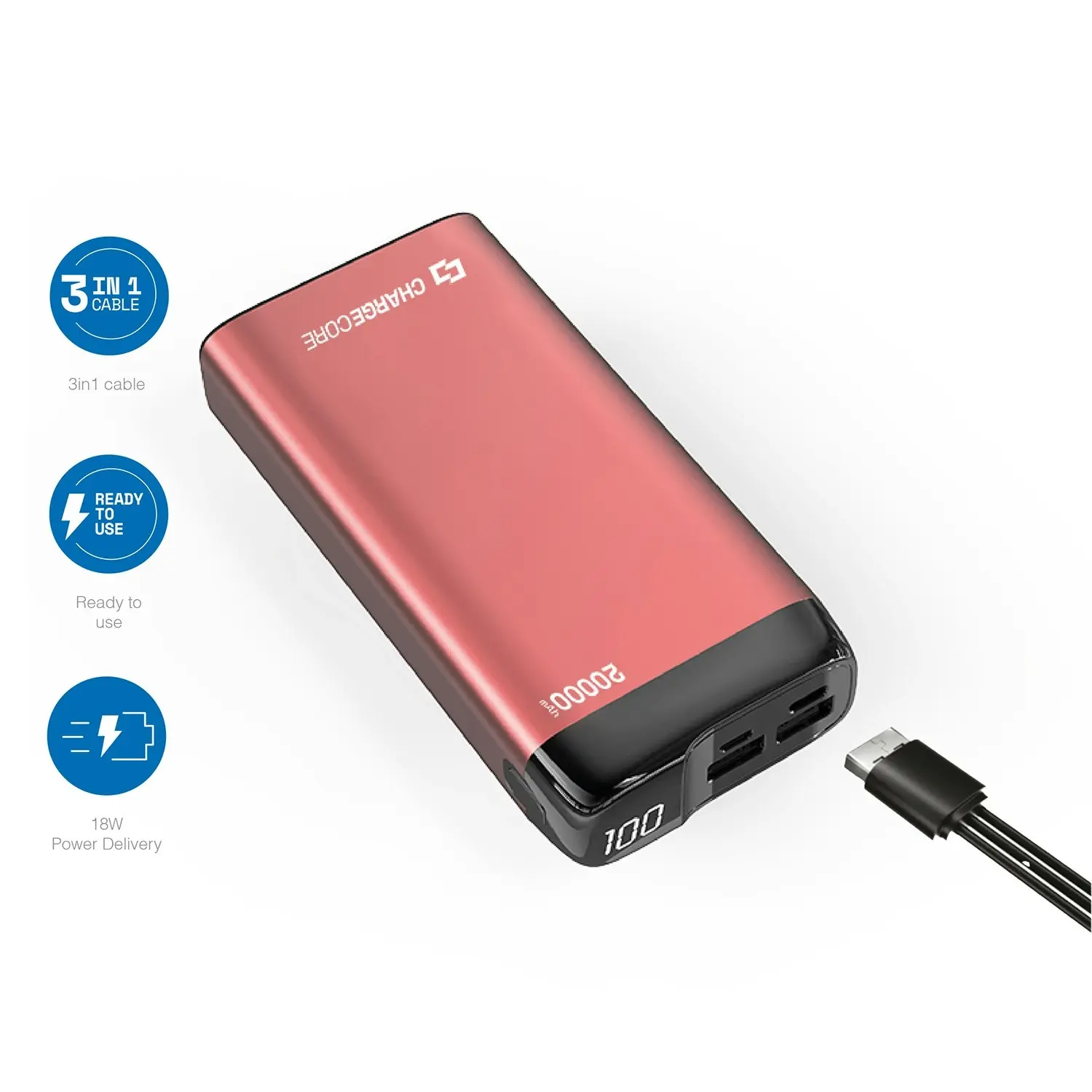 Laser Power Bank 20,000mAh 18W Dual USB Type-C Powerbank Black Fast Charge Red