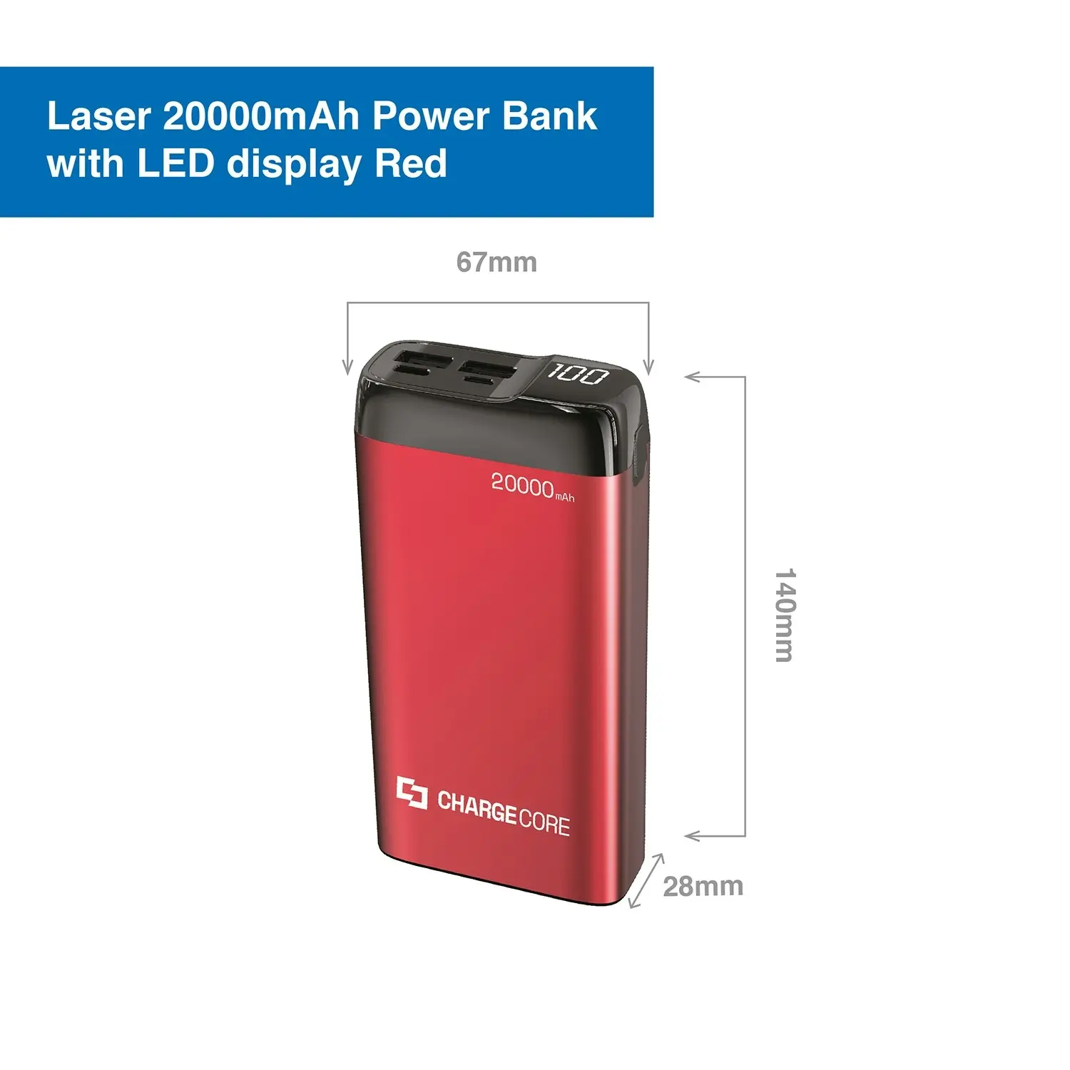 Laser Power Bank 20,000mAh 18W Dual USB Type-C Powerbank Black Fast Charge Red