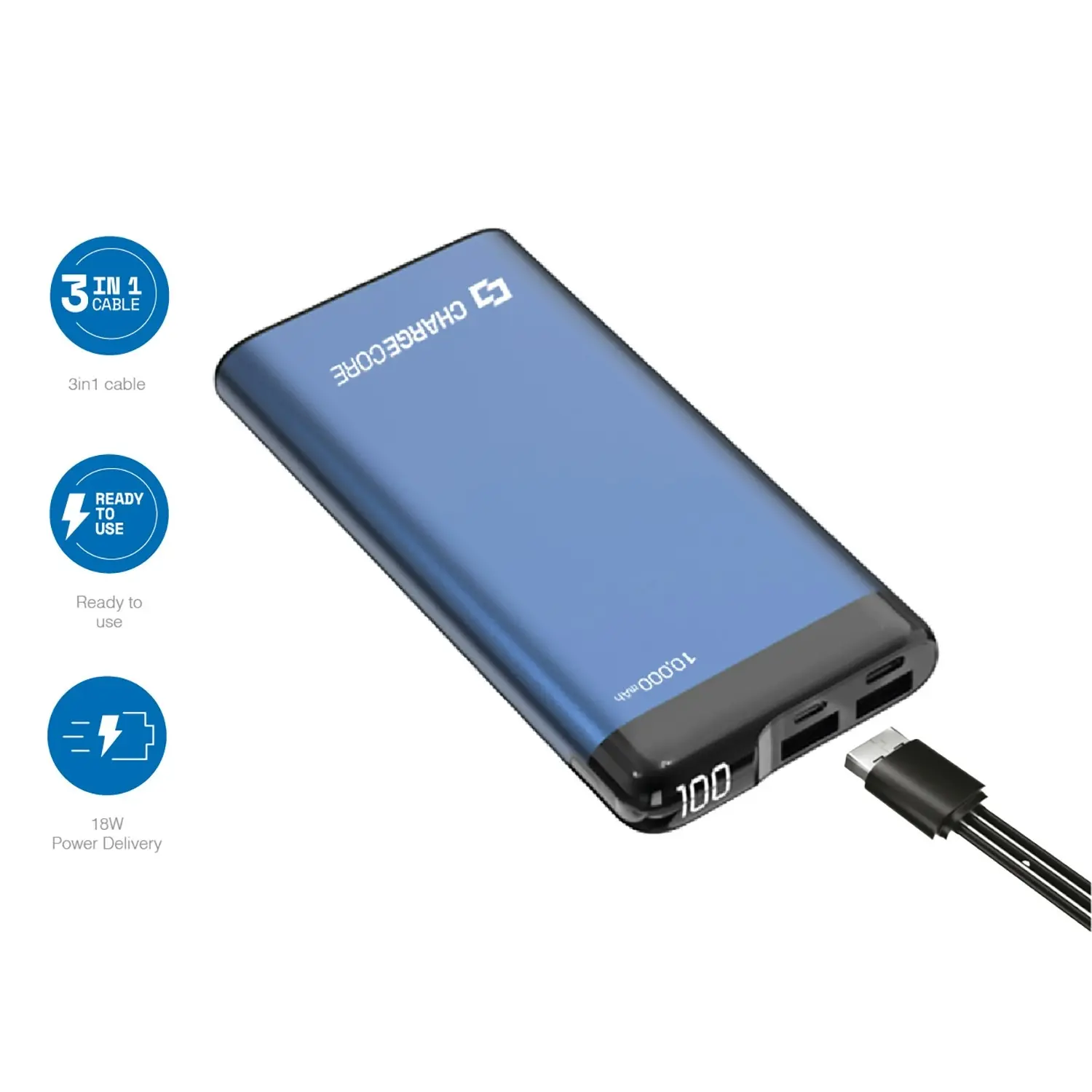 PowerBank 10000mAh USB-C USB A 18W PD Fast Charge Blue