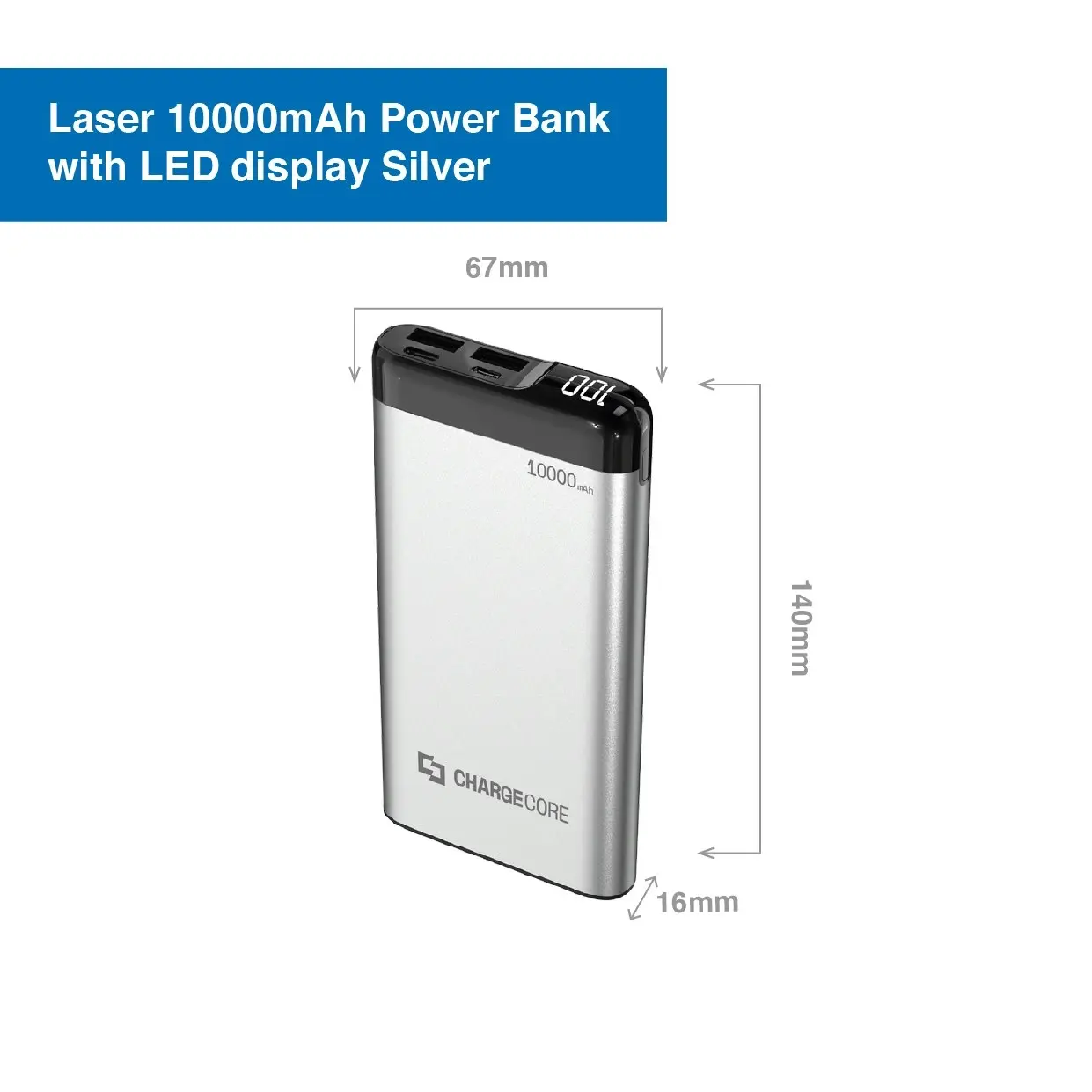 Power Bank 10000mAh USB-C USB A 18W PD Fast Charge Silver