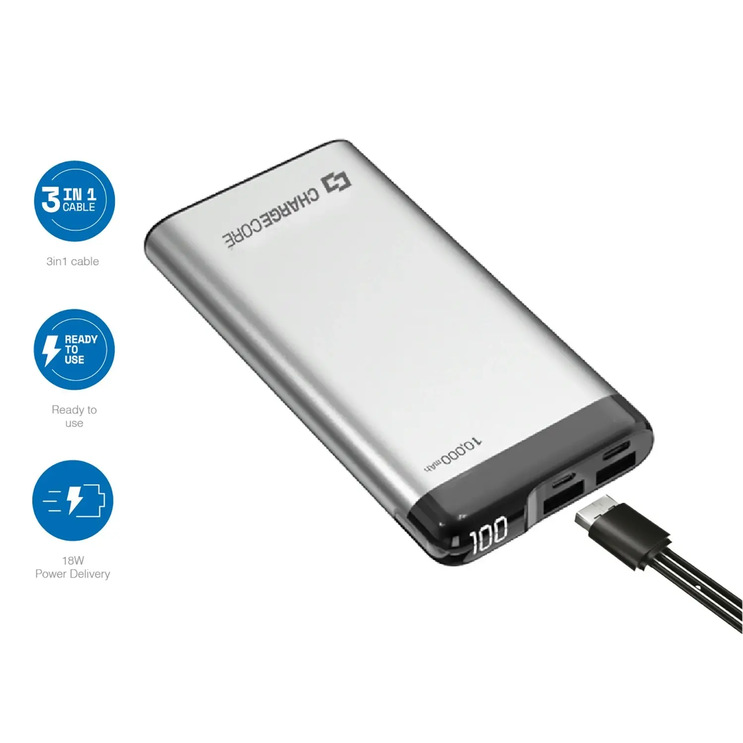 Power Bank 10000mAh USB-C USB A 18W PD Fast Charge Silver