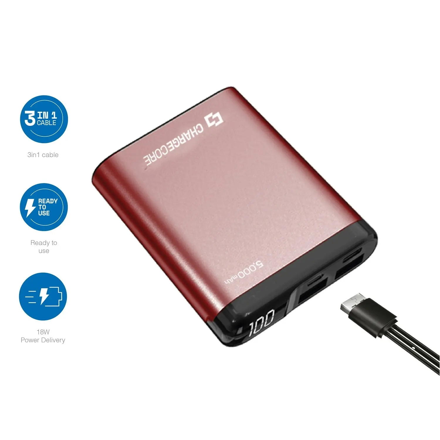 Laser 5000mAh Portable Power Bank LED Red Cable Included