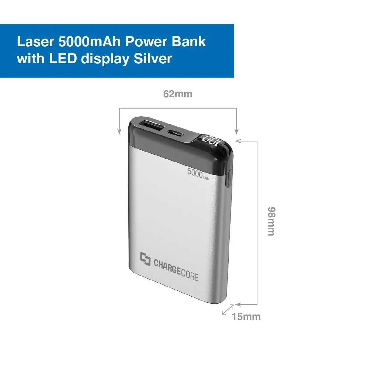 Laser 5000mAh LED Power Bank Silver: Dual USB, 3-in-1 Cable, Travel-Ready