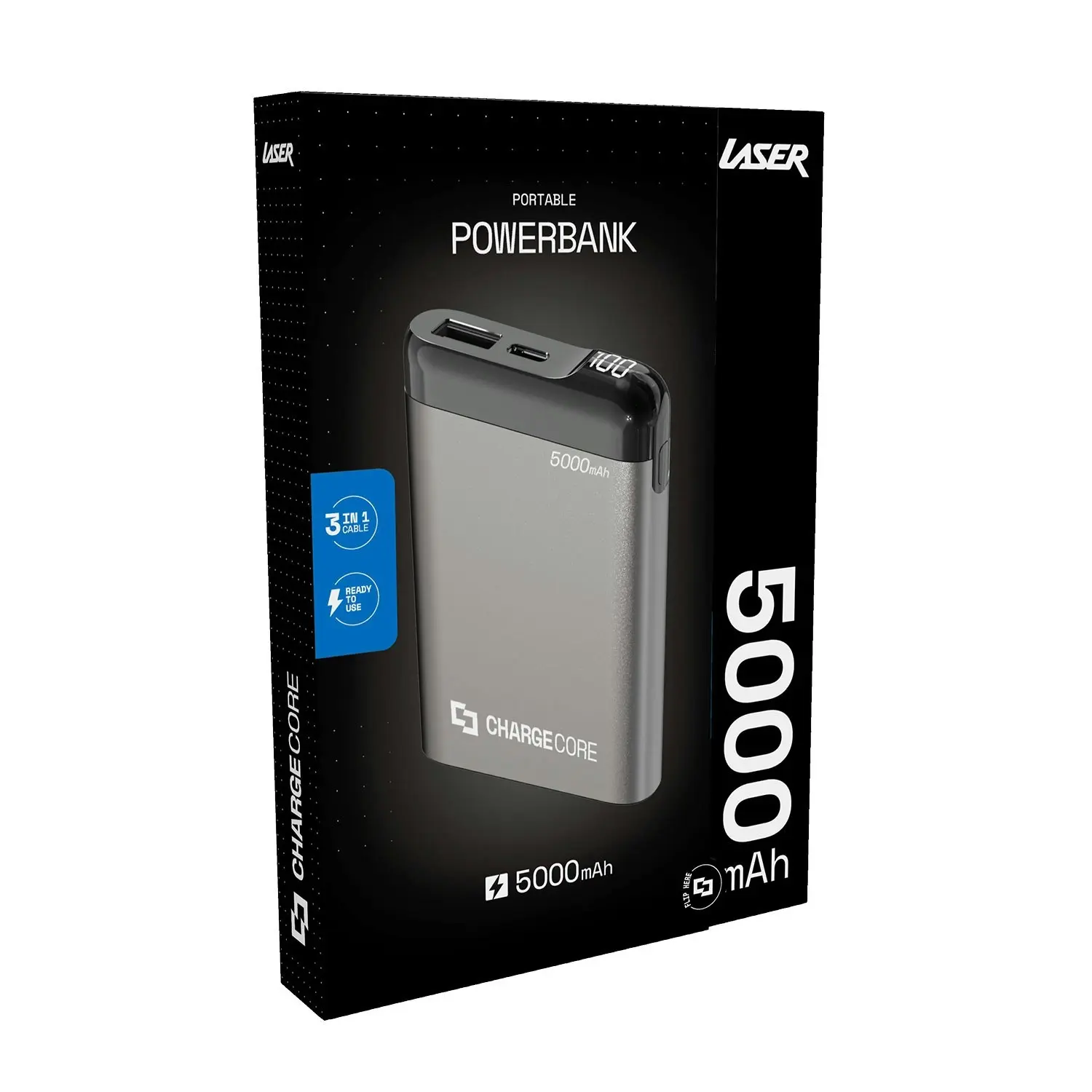 Laser 5000mAh LED Power Bank Silver: Dual USB, 3-in-1 Cable, Travel-Ready