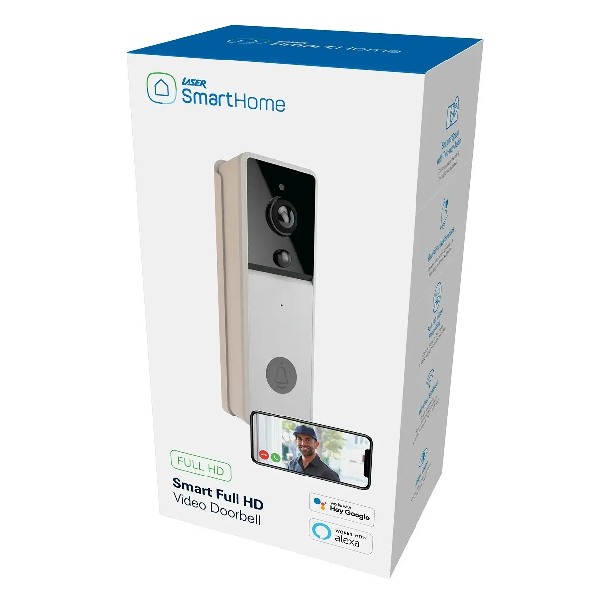 Laser Smart Full HD Video Doorbell - WiFi, 2-Way Audio, Night Vision, Motion