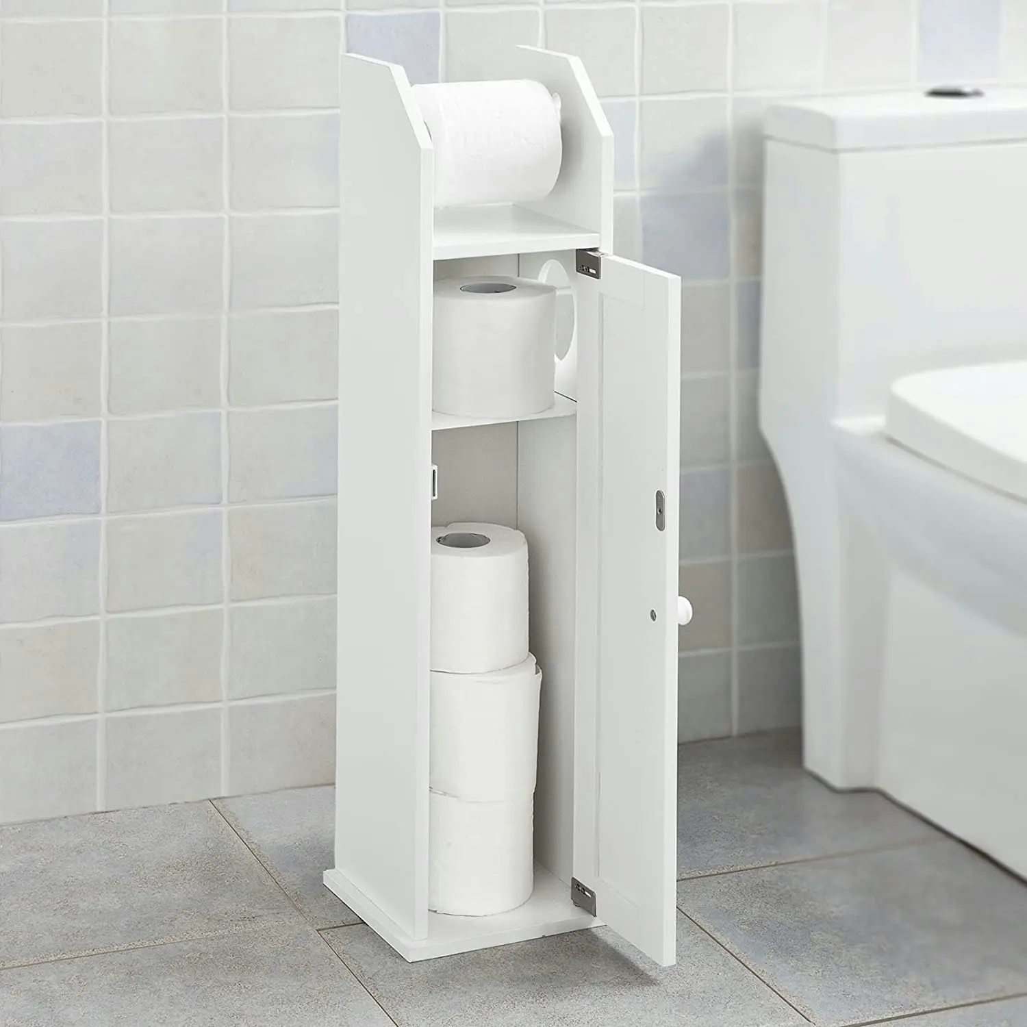 VIKUS Toilet Paper Holder with Storage, Freestanding Cabinet, Toilet Brush Holder and Toilet Paper Dispenser