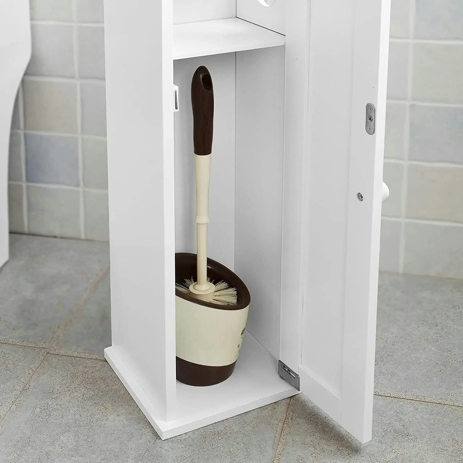 VIKUS Toilet Paper Holder with Storage, Freestanding Cabinet, Toilet Brush Holder and Toilet Paper Dispenser