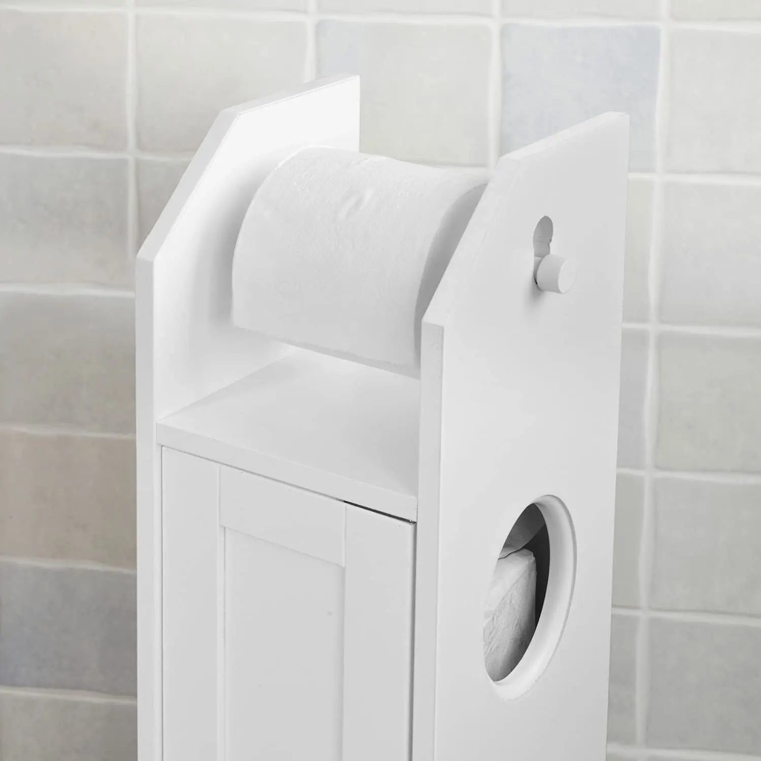 VIKUS Toilet Paper Holder with Storage, Freestanding Cabinet, Toilet Brush Holder and Toilet Paper Dispenser