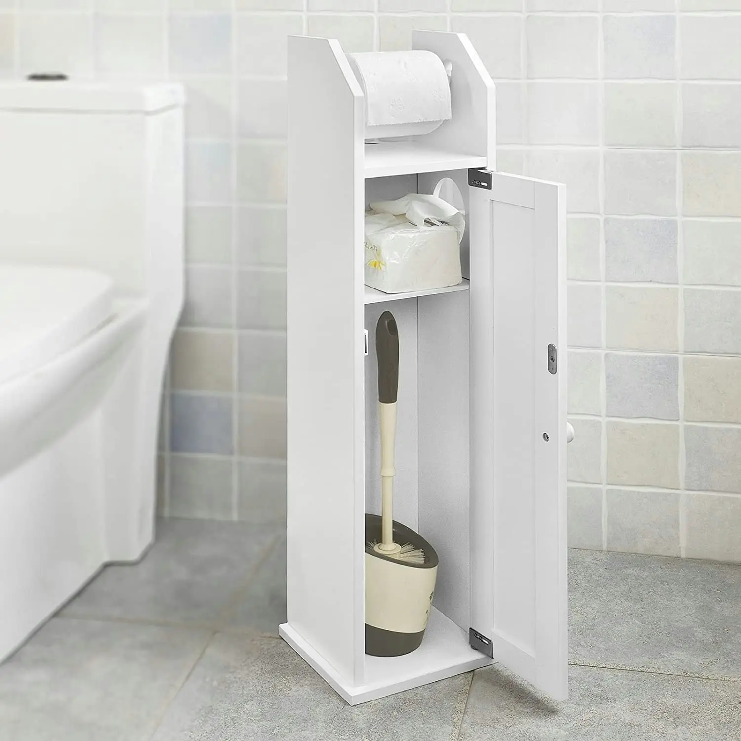 VIKUS Toilet Paper Holder with Storage, Freestanding Cabinet, Toilet Brush Holder and Toilet Paper Dispenser