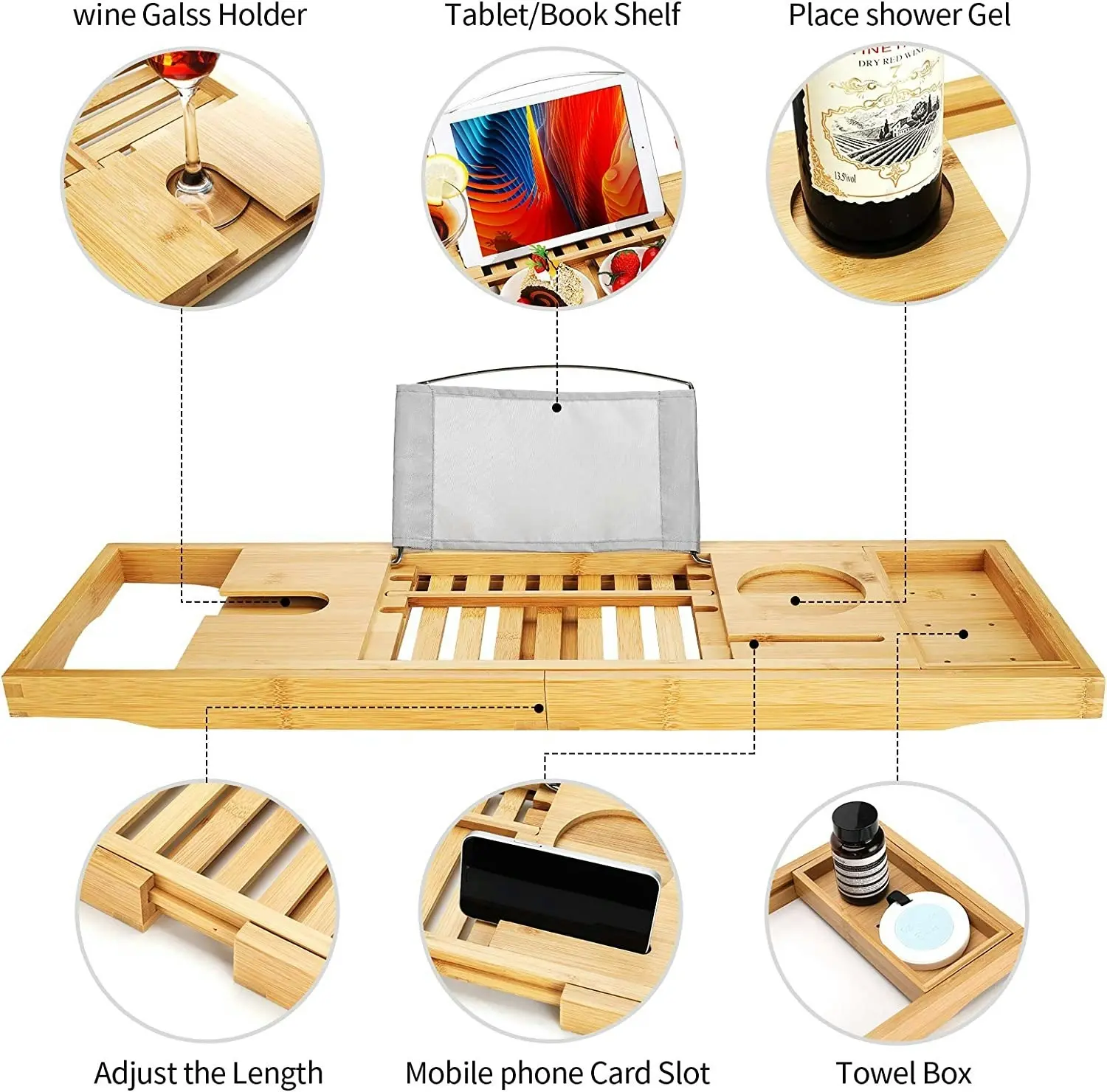 Premium Bamboo Bath Tray with Extending Sides