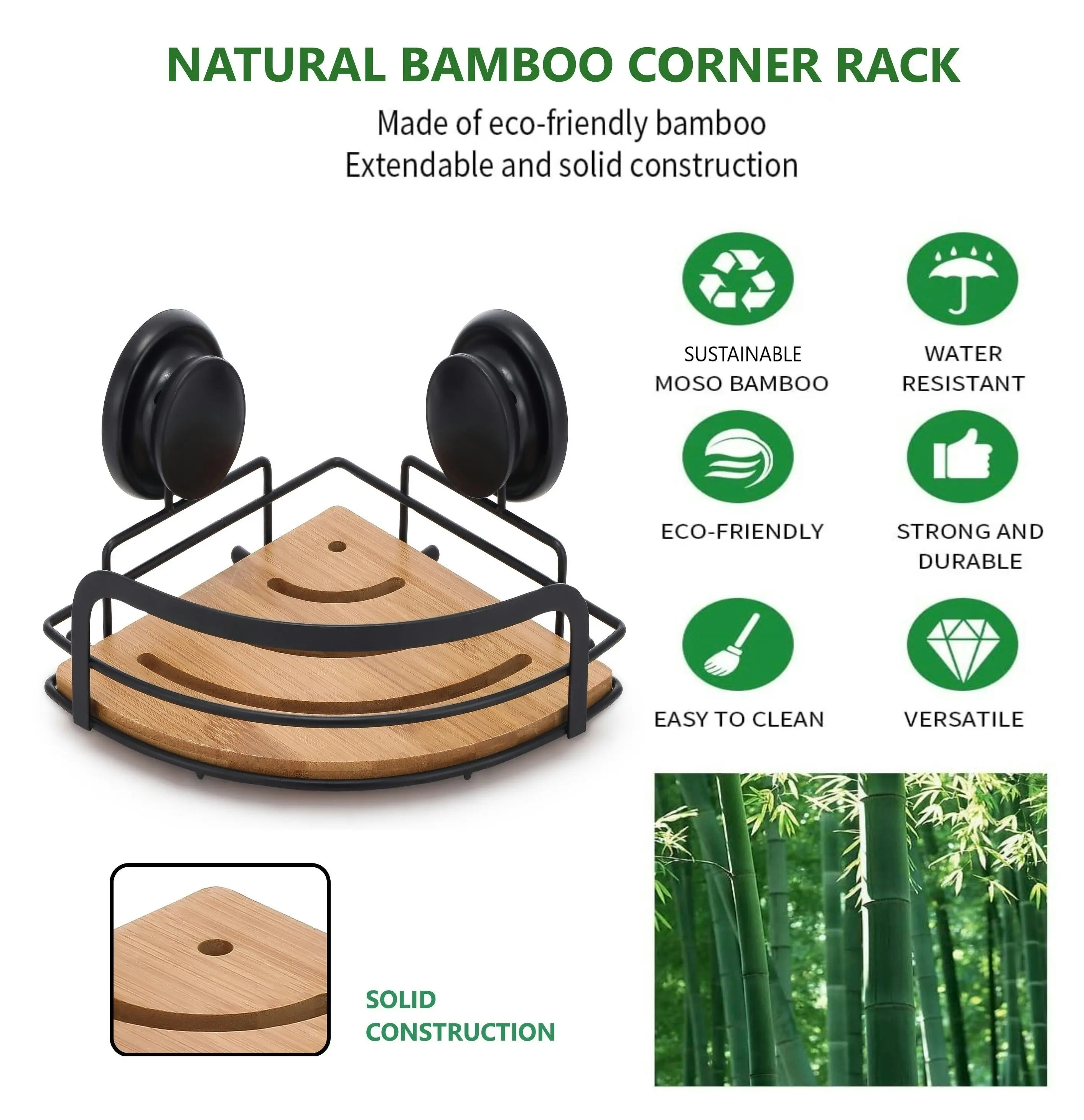 Carla Home  2 Pack Round Bamboo Corner Shower Caddy Shelf Basket Rack with Premium Vacuum Suction Cup No-Drilling for Bathroom and Kitchen