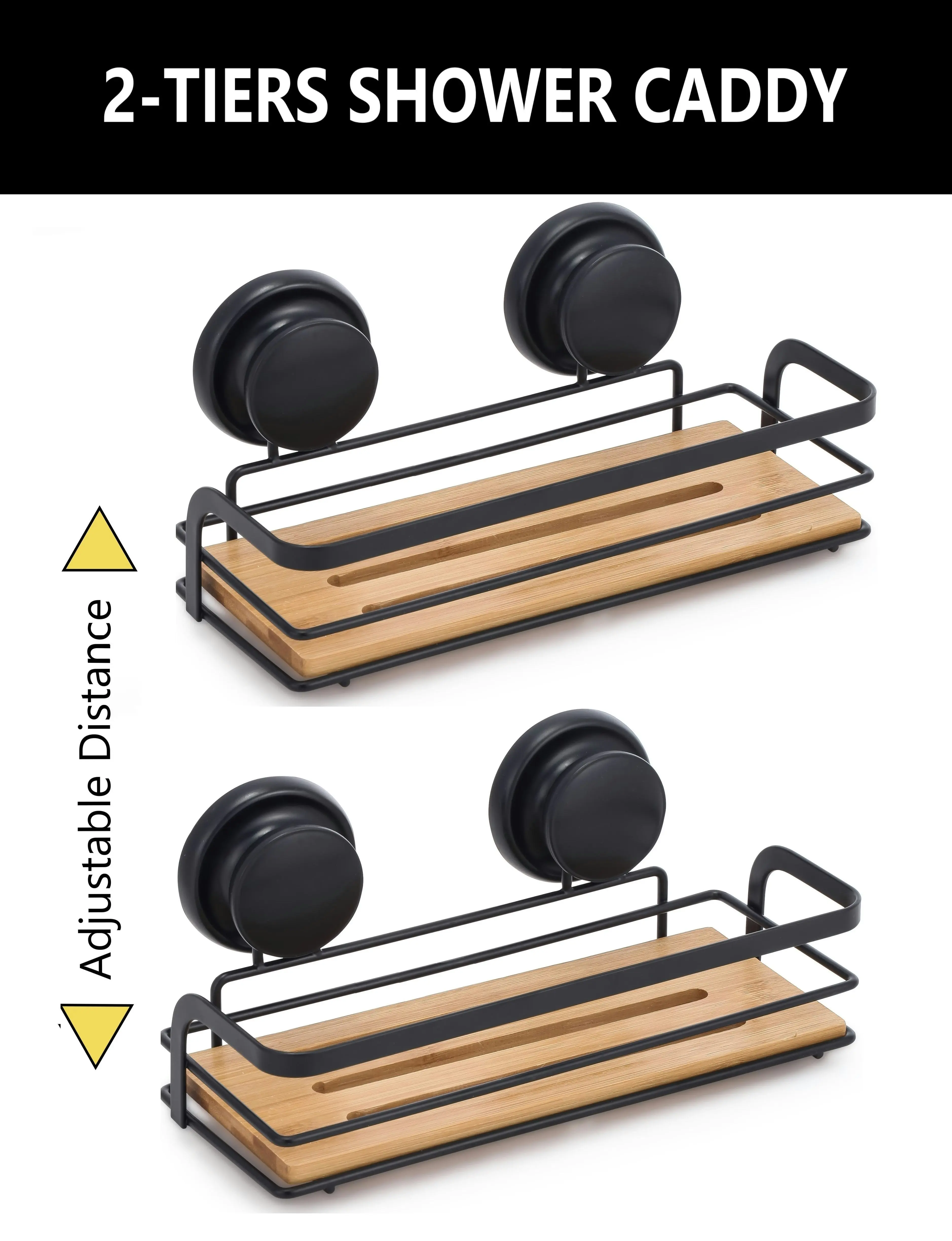 Carla Home  2 Pack Rectangular Bamboo Corner Shower Caddy Shelf Basket Rack with Premium Vacuum Suction Cup No-Drilling for Bathroom and Kitchen