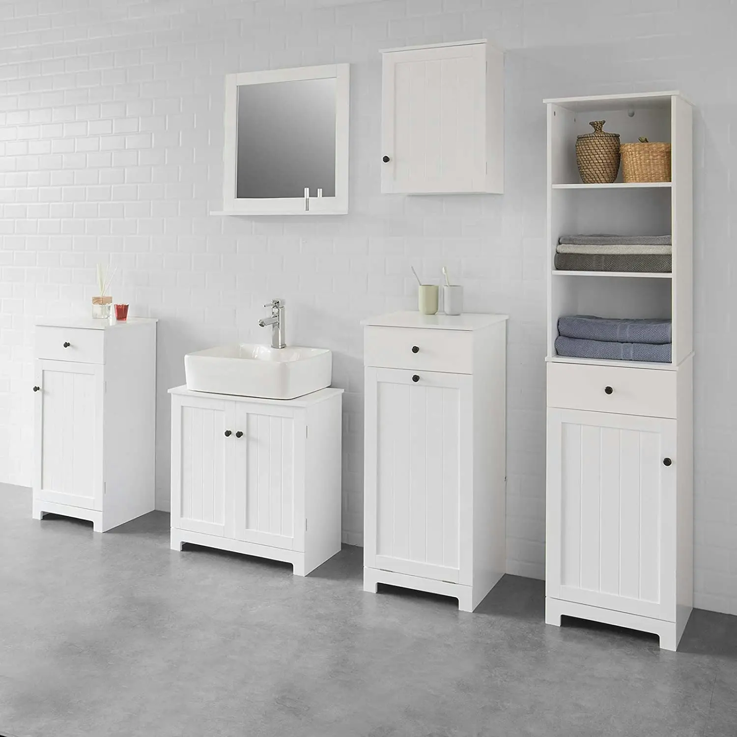 VIKUS White Bathroom Cabinet with Laundry Basket and Drawer