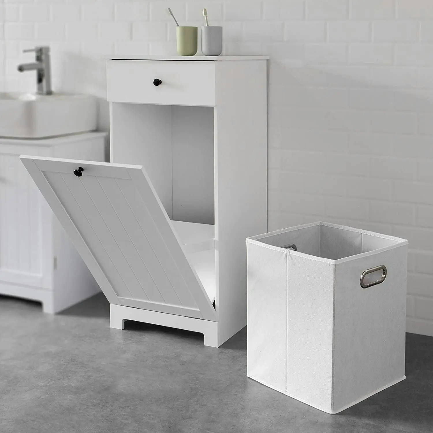 VIKUS White Bathroom Cabinet with Laundry Basket and Drawer