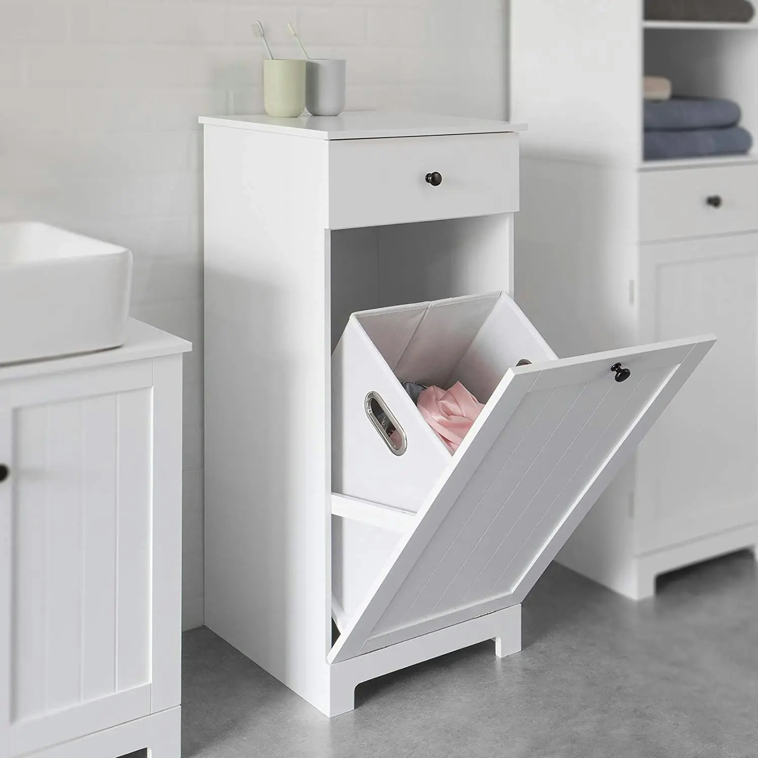 VIKUS White Bathroom Cabinet with Laundry Basket and Drawer