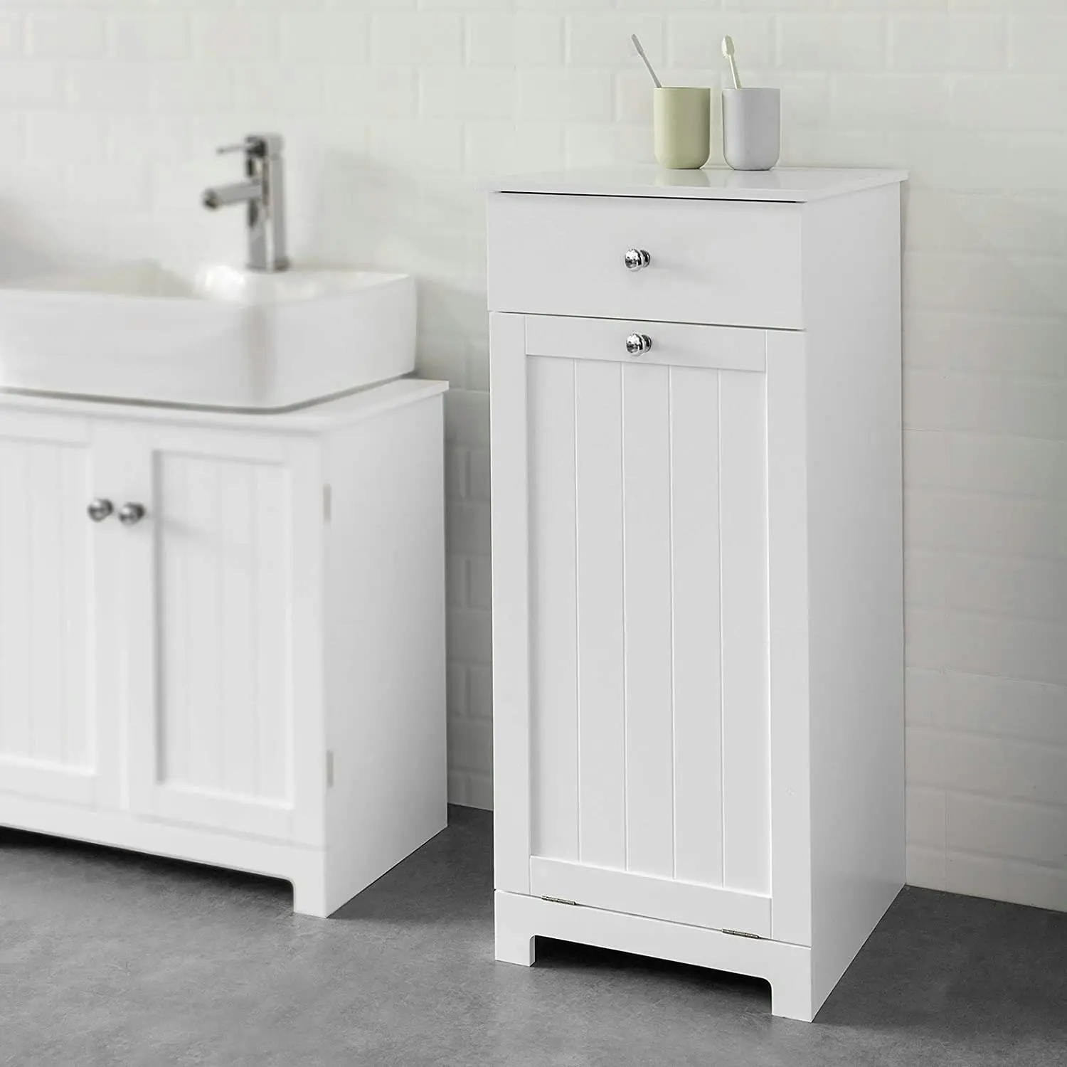 VIKUS White Bathroom Cabinet with Laundry Basket and Drawer