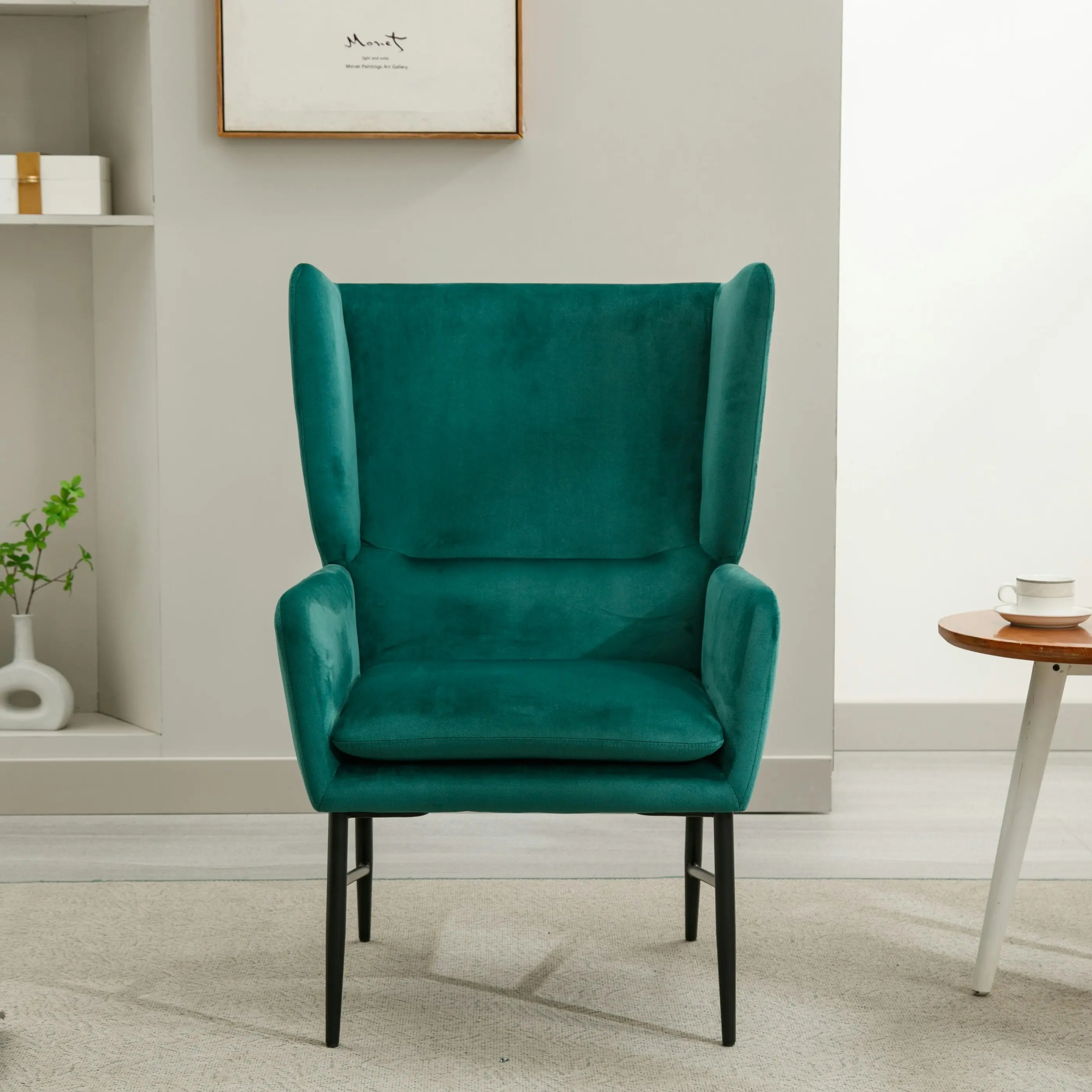 HLIVING Modern Wingback Accent Chair, Velvet Upholstered Armchair, Green