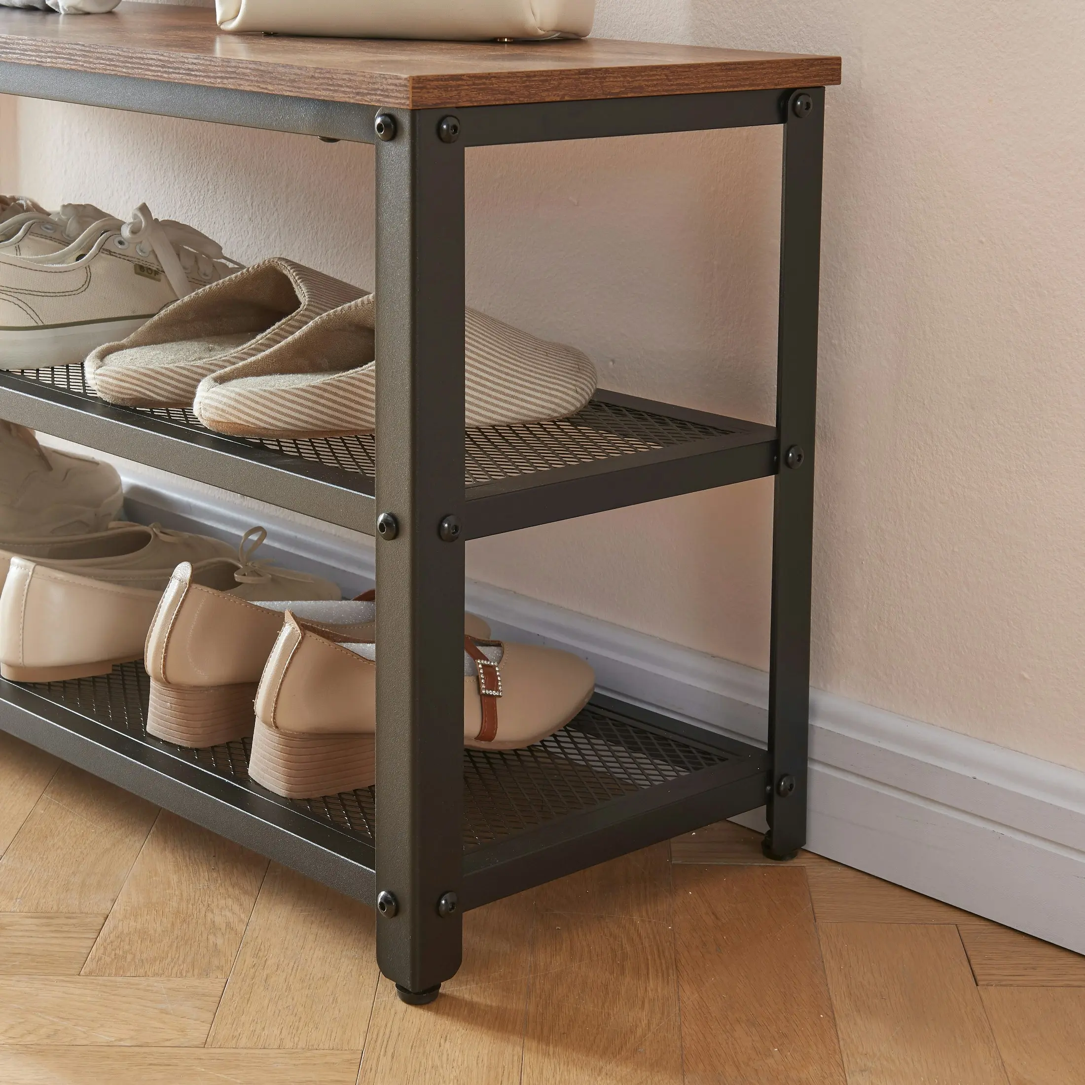 HLIVING 3-Tier Shoe Rack, Industrial Shoe Organizer Storage Bench, Entry Bench with Mesh Shelves